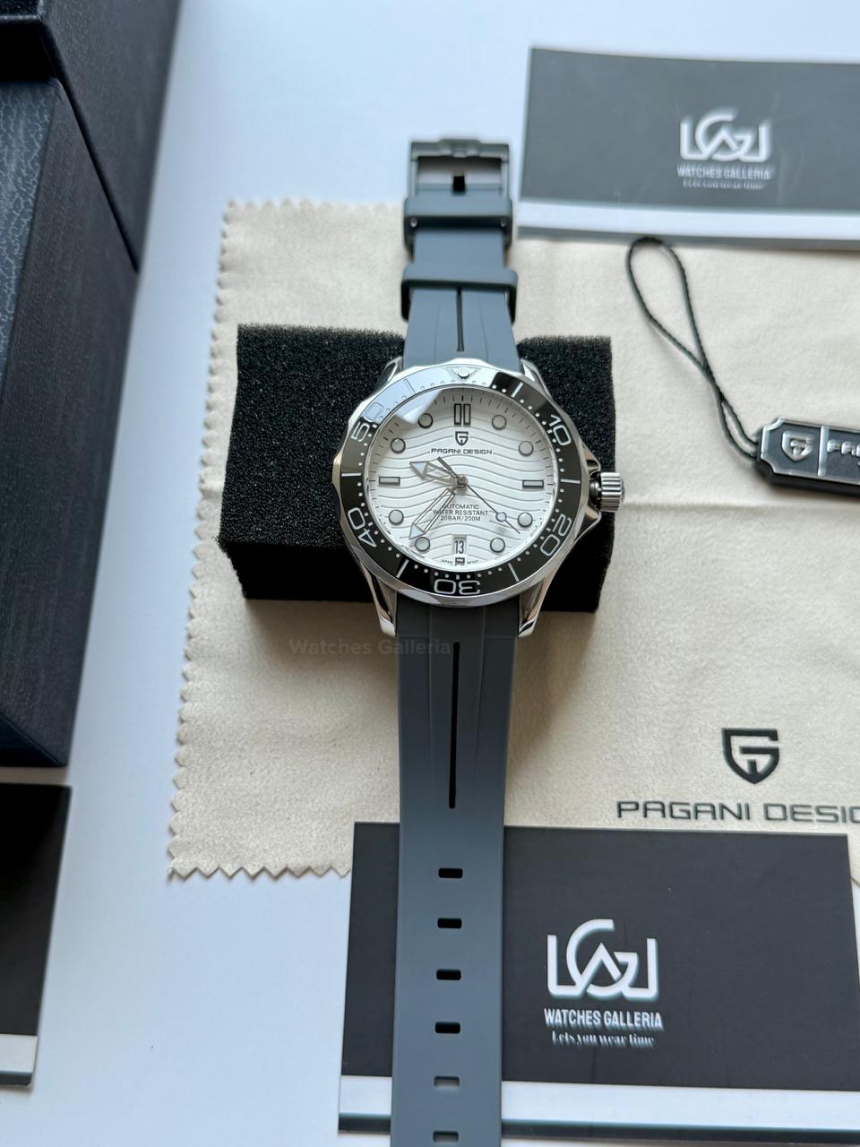 Pagani Design PD1685 Grey Silicon Seamaster Diver White Automatic Watch – 200M Sapphire Crystal NH35A/Miyota Luxury Dive Watch in Pakistan | Watches Galleria