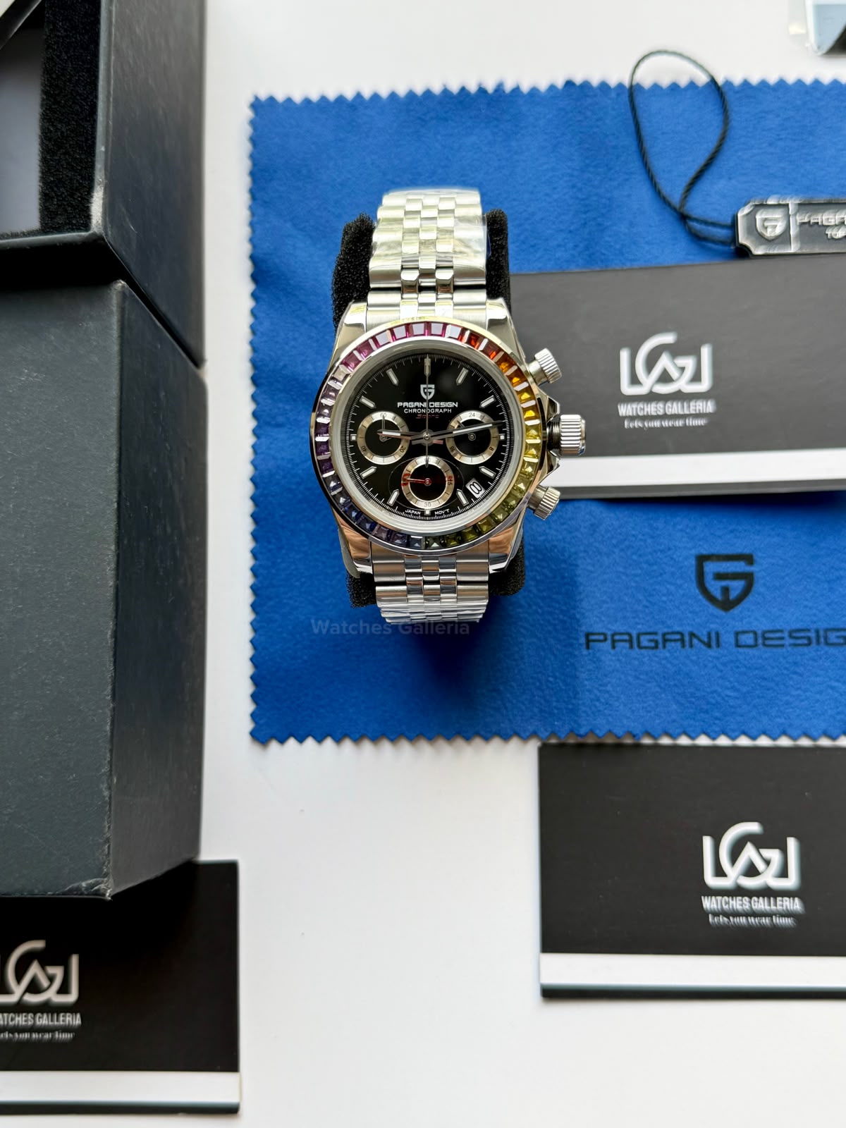 Pagani Design PD1644 Daytona Rainbow Jubilee Limited Edition Chronograph Watch PD1644LE | 40mm Sapphire Crystal, Seiko VK63 Quartz, Complete Calendar & Rainbow Stones Bezel
