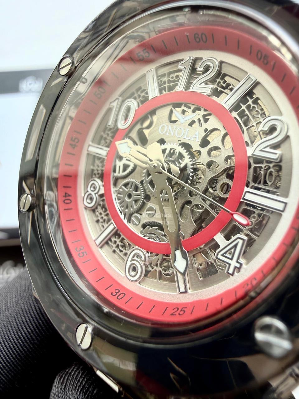 Onola ON3836 Oak Skeleton Red Black Automatic Watch – 49mm Transparent Dial, Bold Sport Design, Pakistan Edition