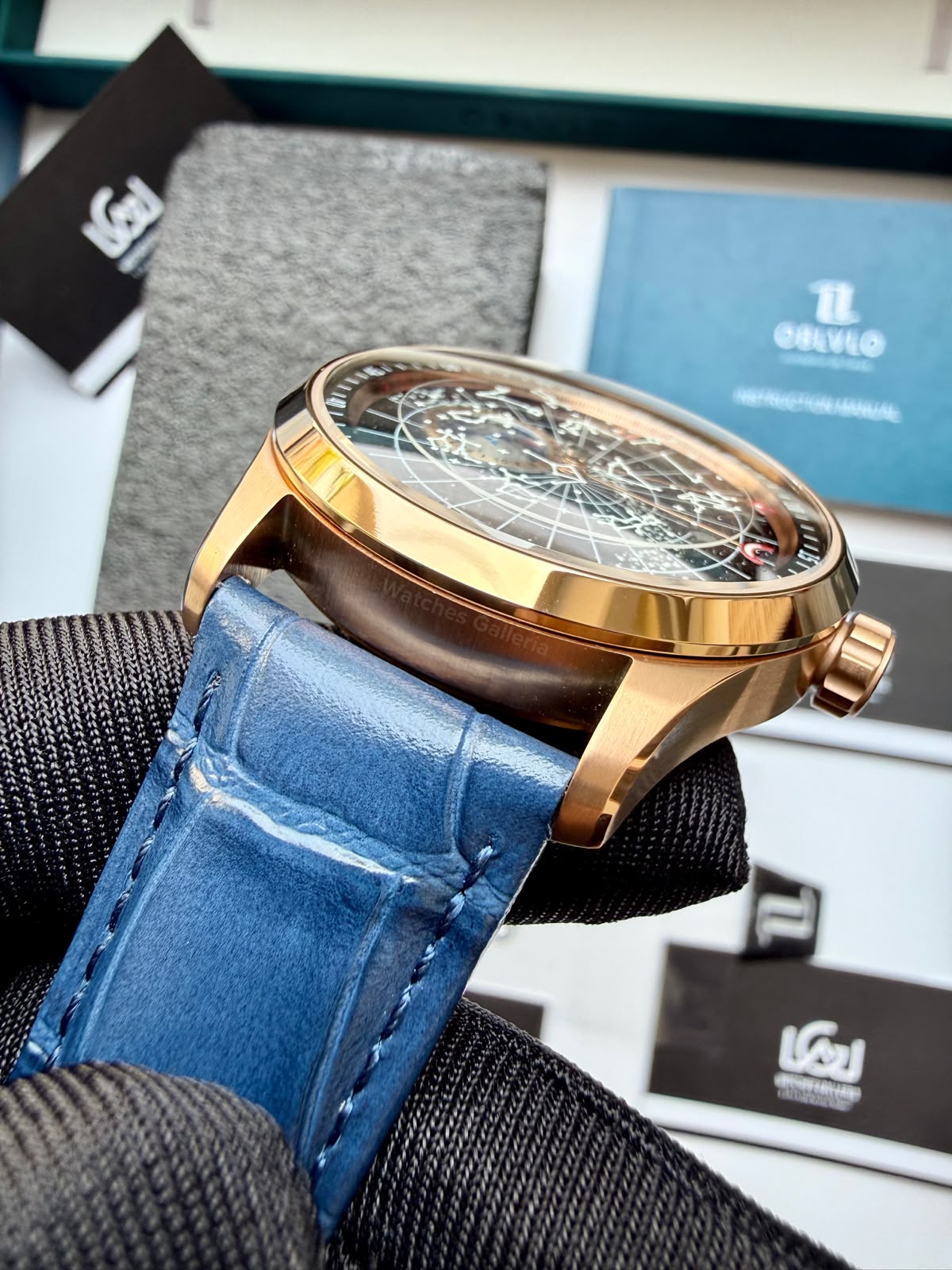 OBLVLO GC (Blue Rose Gold Black) Grand Complications Celestial Automatic Watch Brown & Black Dial with Rose Gold Details, Moving Constellation & Earth Display – OBLVLOGC | Oblvlo
