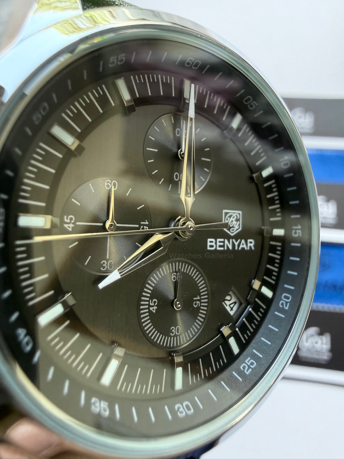 Benyar BY5210 (Grey Green) Pilot Chronograph Green Dial Stainless Steel Watch – 42mm Quartz Chronograph with Date, Complete Calendar & Stopwatch