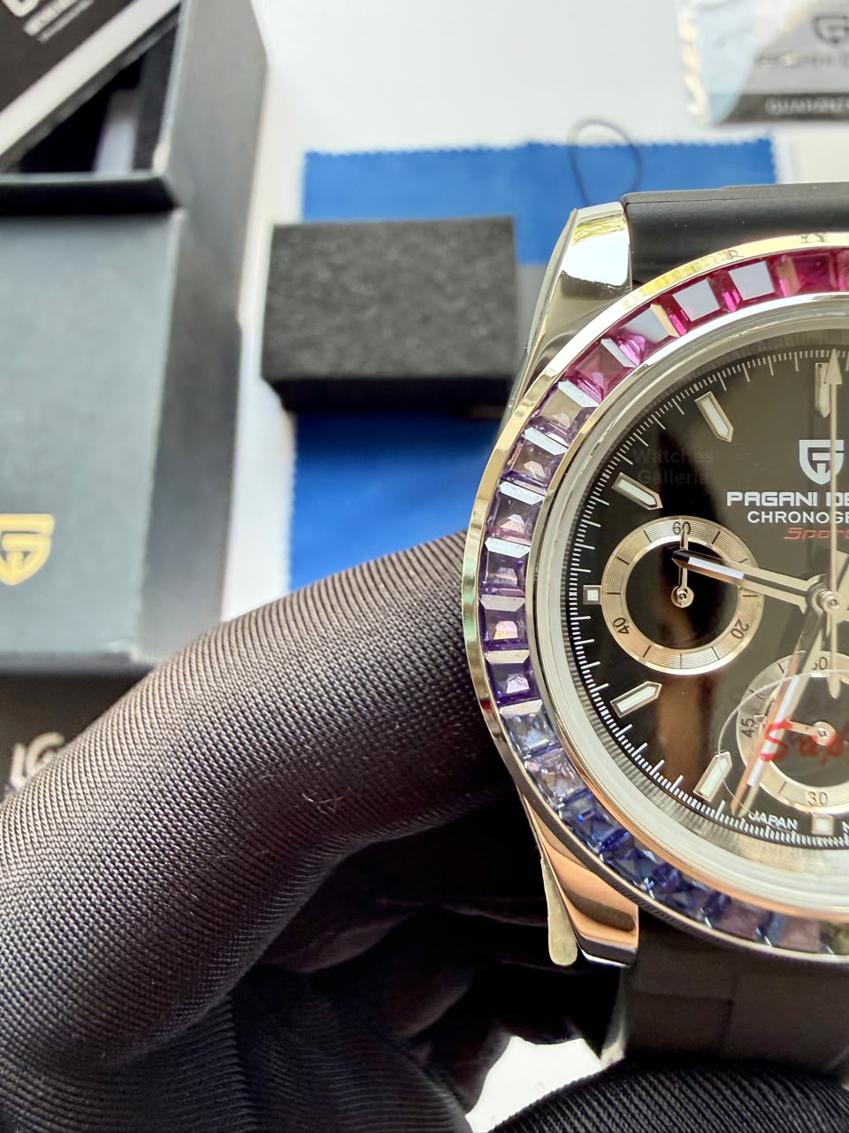 Pagani Design PD1644 Daytona Rainbow Jubilee Limited Edition Chronograph Watch PD1644LE | 40mm Sapphire Crystal, Seiko VK63 Quartz, Complete Calendar & Rainbow Stones Bezel