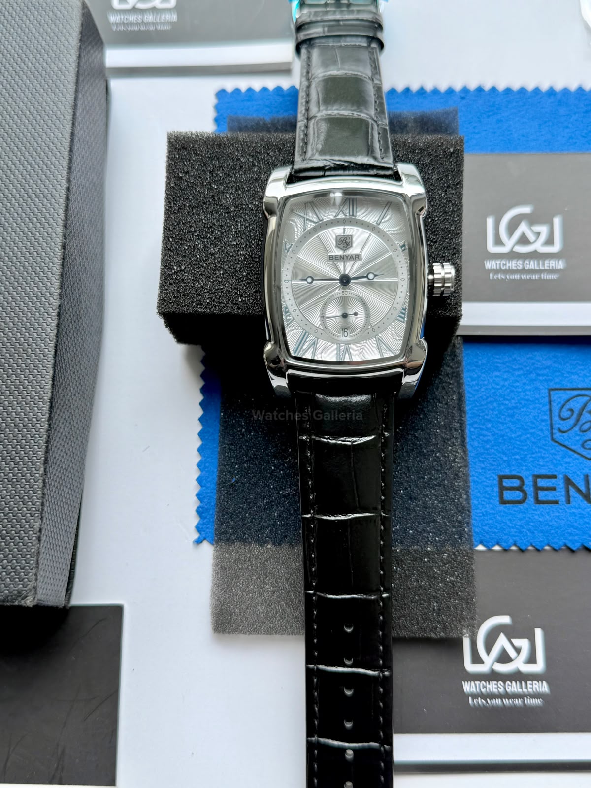 Benyar BY5114 Square Tank Watch Silver Black Roman Numeral Dial Master Lock Quartz Date Calendar Leather Strap
