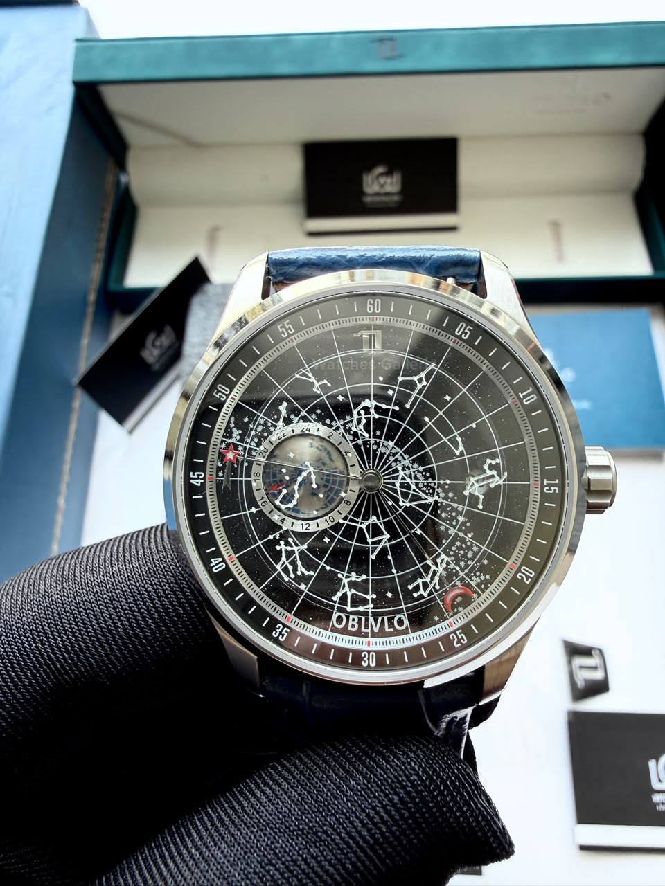 OBLVLO GC (Blue Silver Black) Grand Complications Celestial Automatic Watch Brown & Black Dial with Rose Gold Details, Moving Constellation & Earth Display – OBLVLOGC