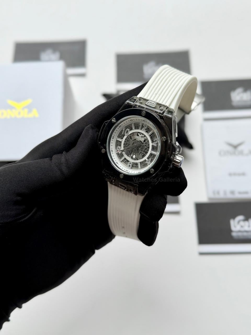 Onola ON3836 Oak Skeleton White Black Automatic Watch – 49mm Transparent Dial, Bold Sport Design, Pakistan Edition