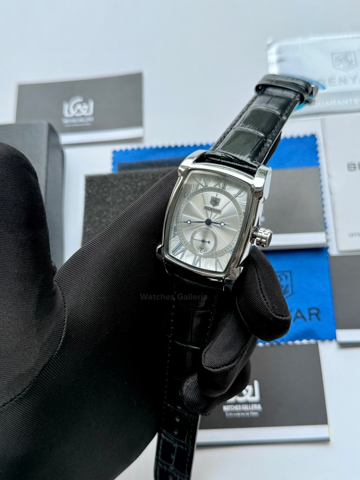 Benyar BY5114 Square Tank Watch Silver Black Roman Numeral Dial Master Lock Quartz Date Calendar Leather Strap