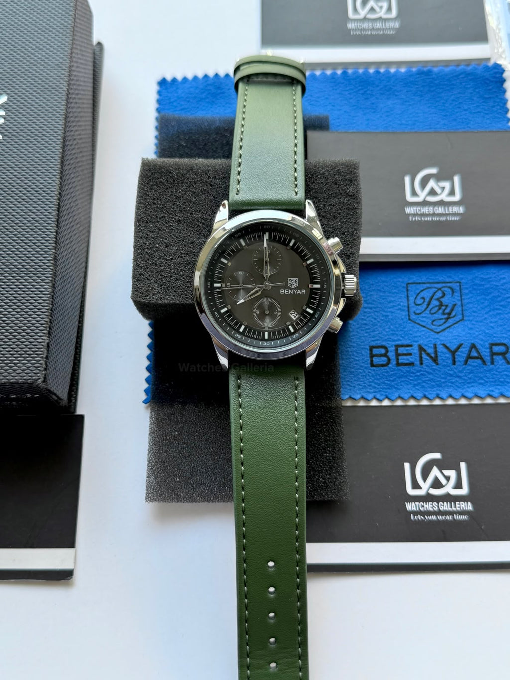 Benyar BY5210 (Grey Green) Pilot Chronograph Green Dial Stainless Steel Watch – 42mm Quartz Chronograph with Date, Complete Calendar & Stopwatch