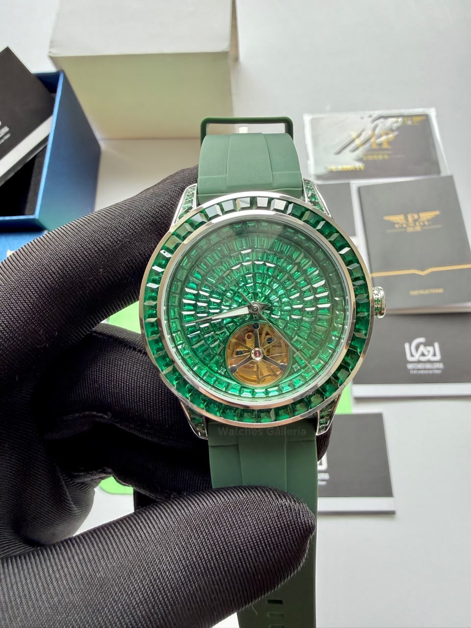Pindu 5037 Green/Green Silicon LeatherDiamonds Hand Encrusted Diamond Automatic Tourbillon Watch for Men | Luxury Mechanical Watch | 43mm Stainless Steel Case
