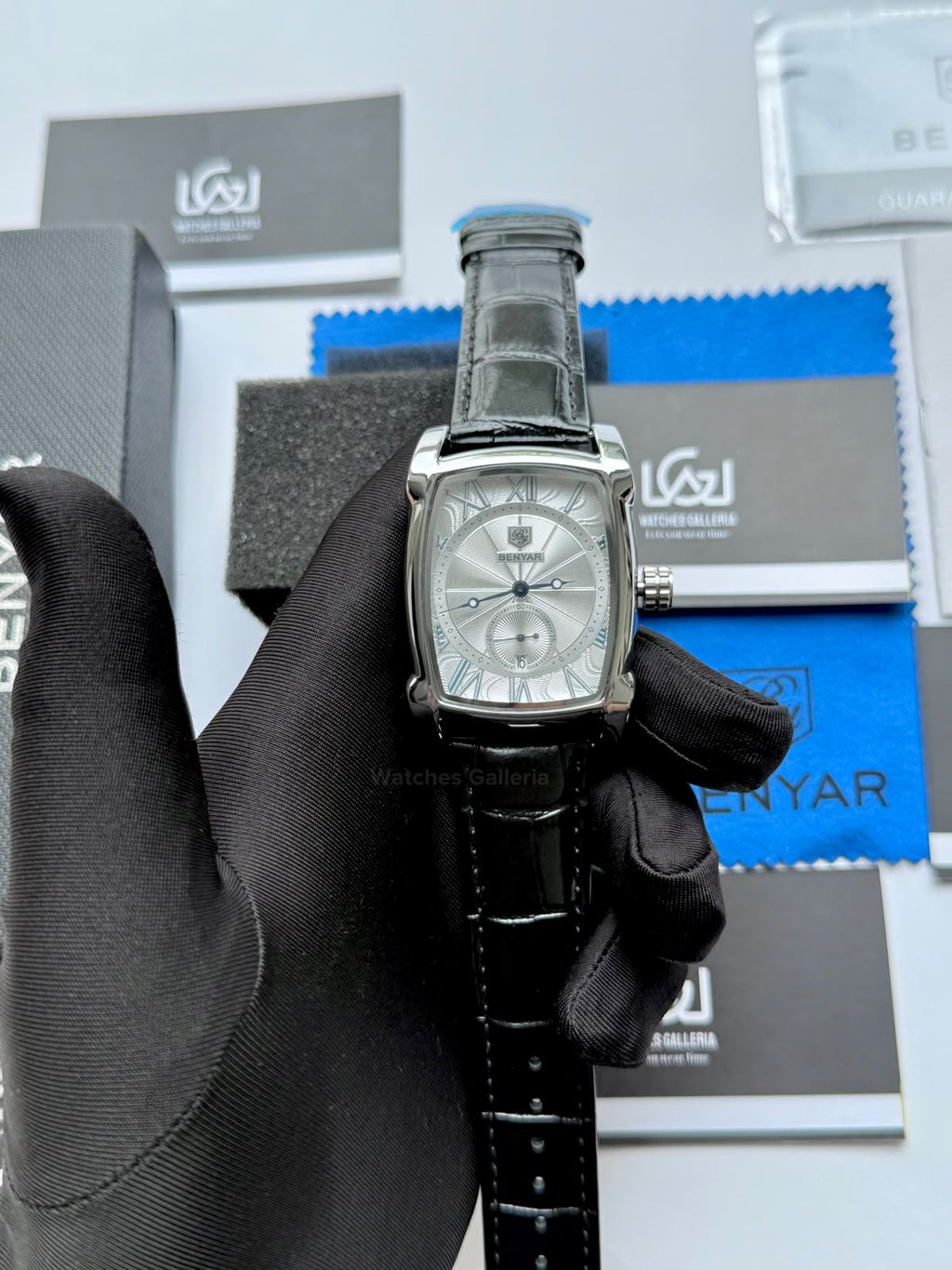 Benyar BY5114 Square Tank Watch Silver Black Roman Numeral Dial Master Lock Quartz Date Calendar Leather Strap