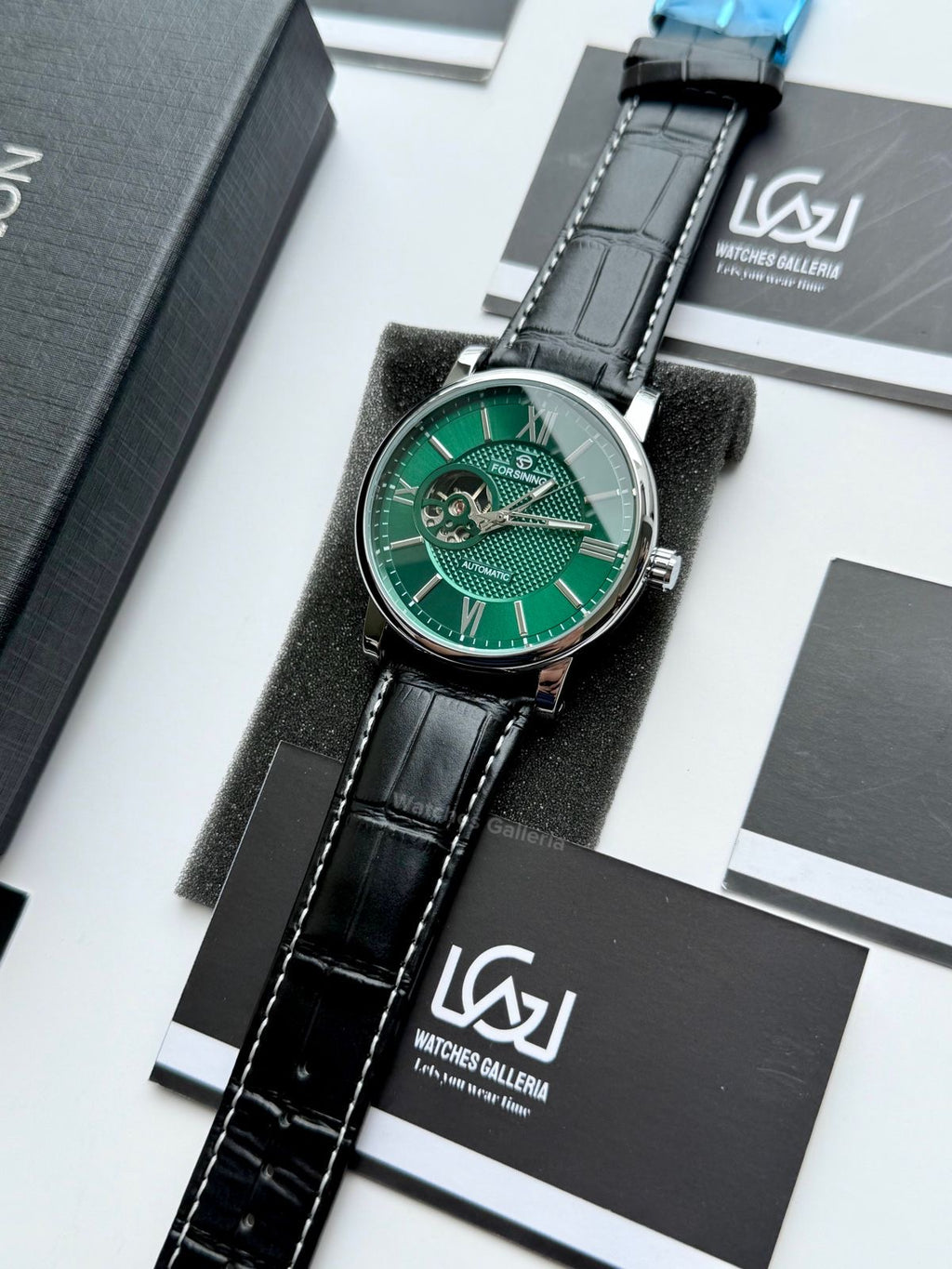 Forsining FS112 Classic Skeleton Automatic Watch – Green Dial | Leather Strap Mechanical Wristwatch for Men