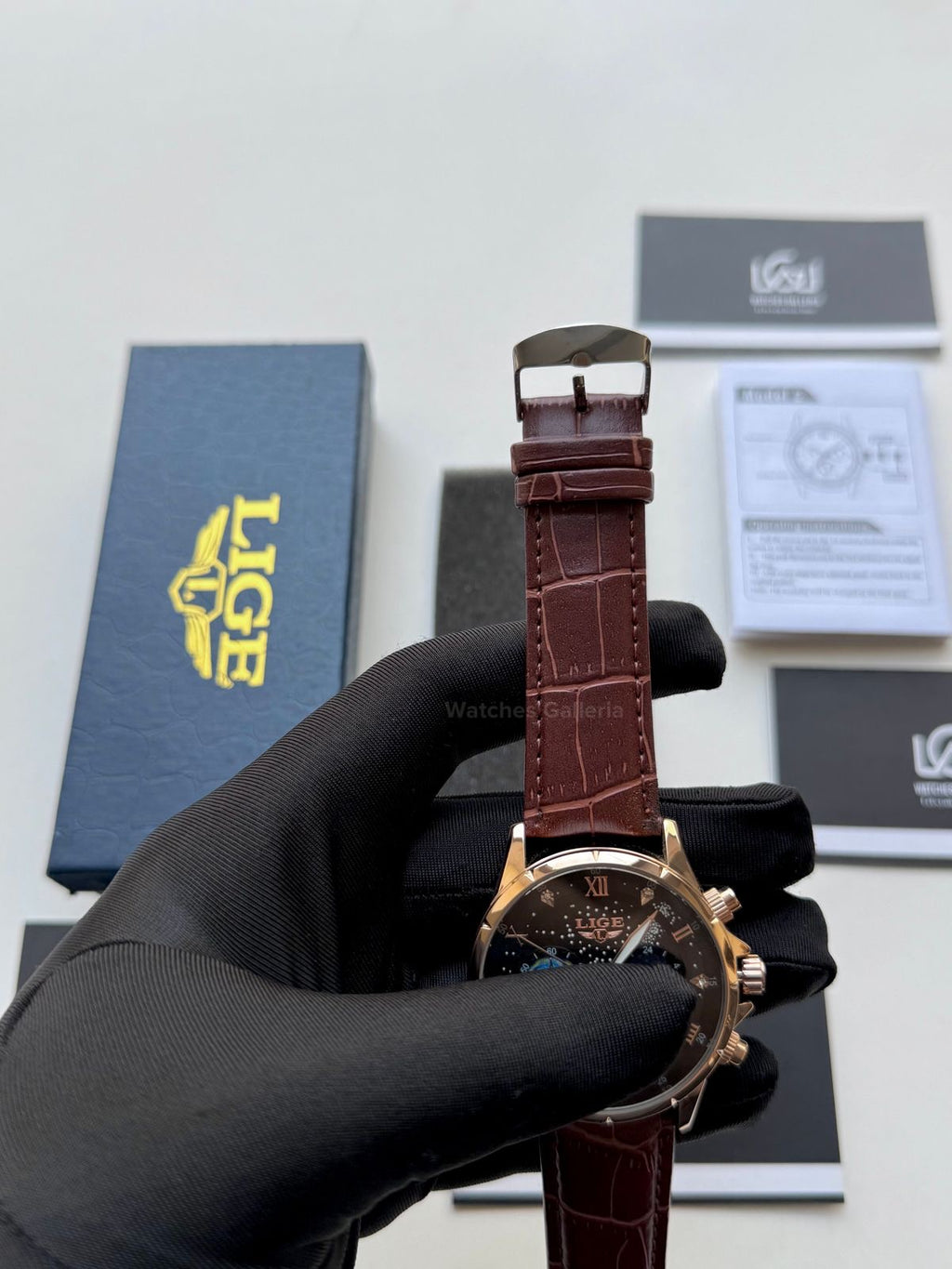 Lige Watch LG89107 Moonphase Chronograph (Brown/Black/Gold) Lige Watch in Pakistan