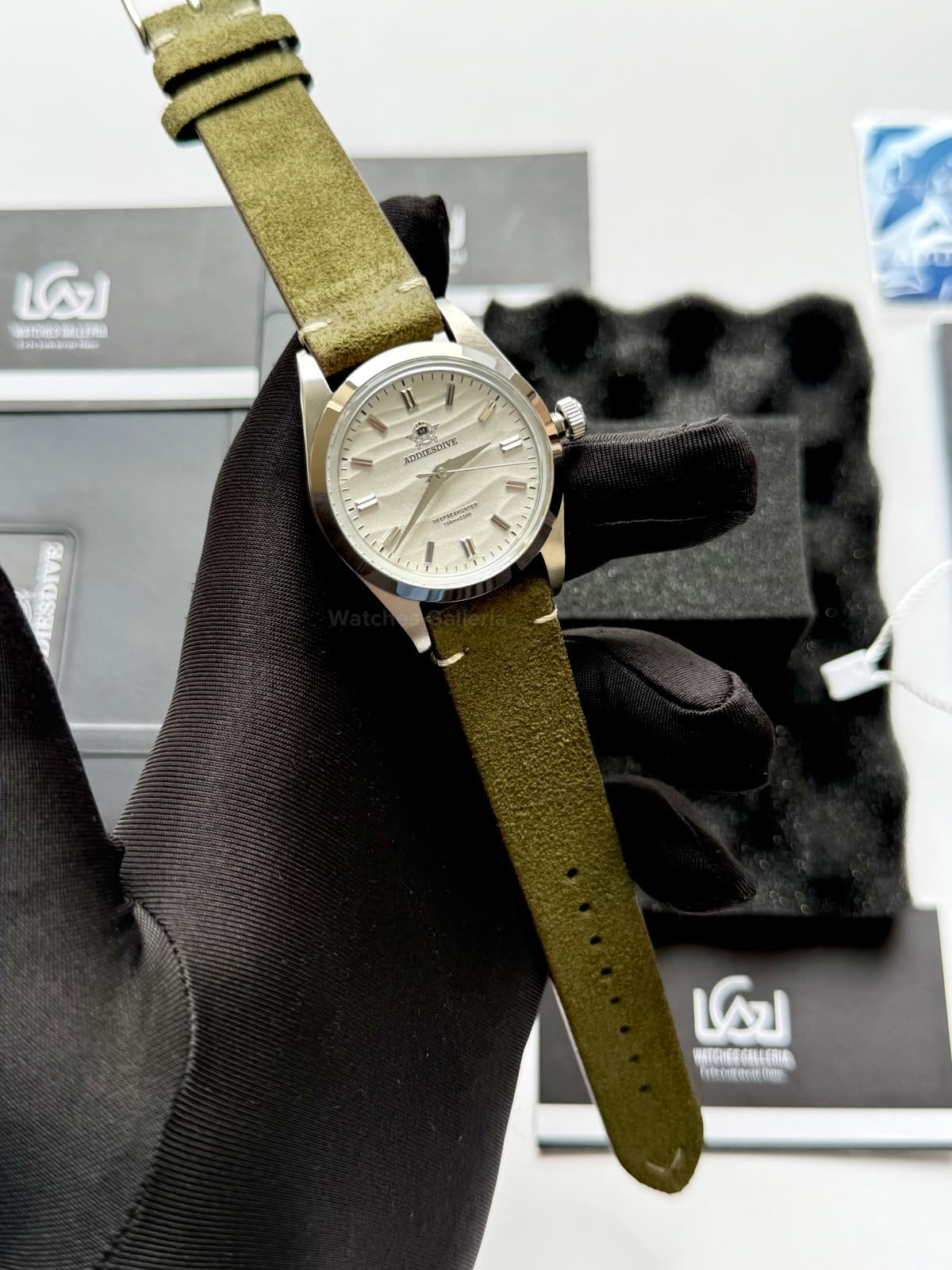 Addiesdive AD2030 Desert White Green Suede Leather Strap Unisex Watch – 36mm Classic Desert Dial, Japan VH31 Quartz Movement, Blue Anti-Glare Mineral Glass & Genuine Suede Leather Strap