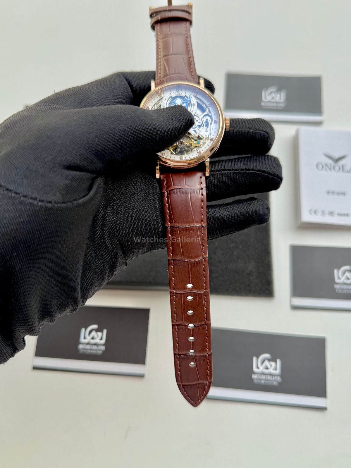 Onola Moonphase Flywheel Skeleton Watch Automatic (Brown-Rose Gold) ON6836 Watches Galleria