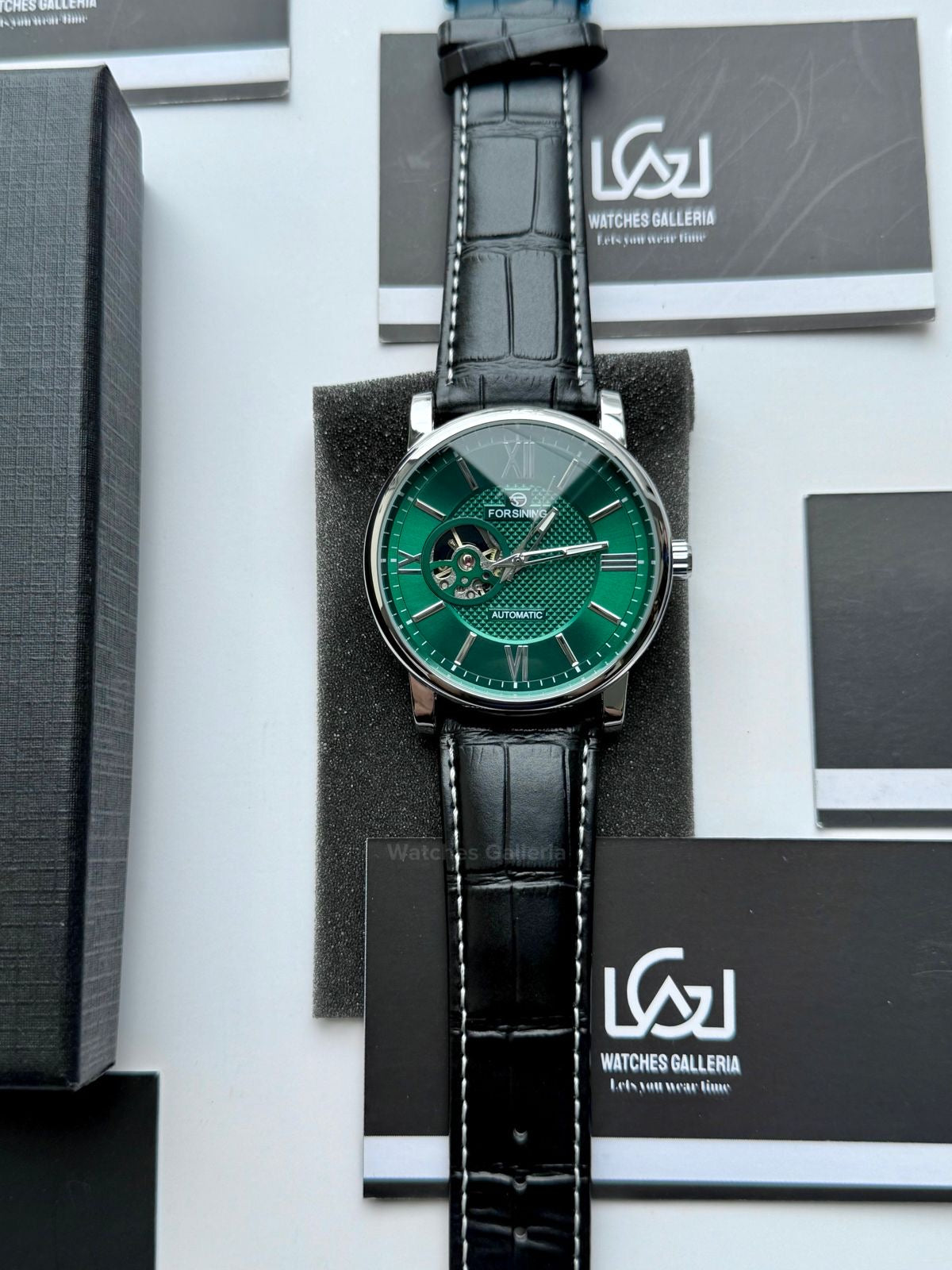 Forsining FS112 Classic Skeleton Automatic Watch – Green Dial | Leather Strap Mechanical Wristwatch for Men