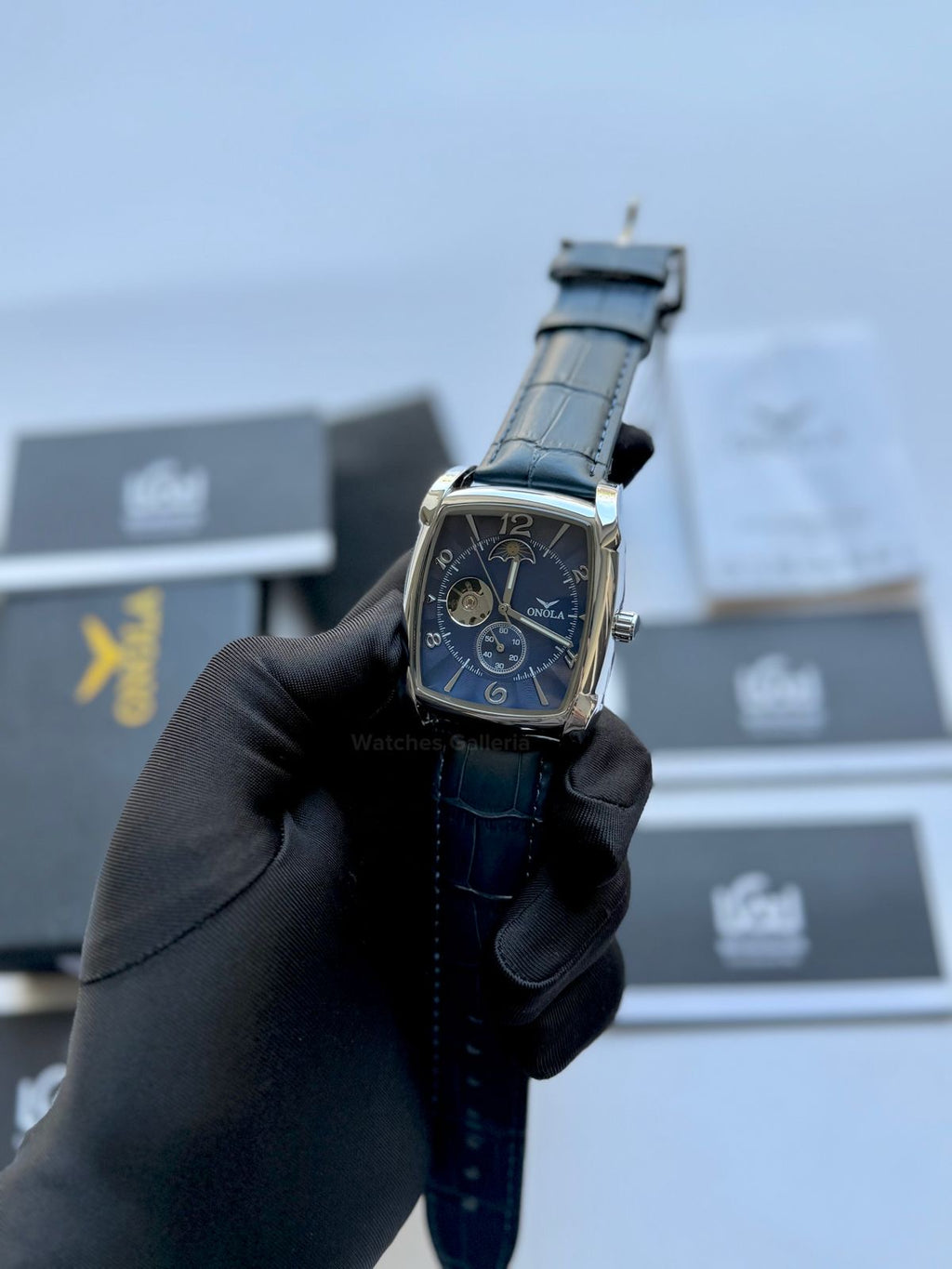 Onola 6848 Square Moonphase Open heart Automatic (Blue) Onola Watch in Pakistan