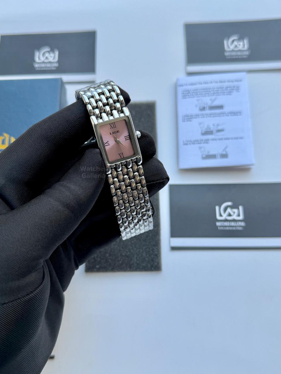 Lige 89156 Tank Women Watch Quartz (Silver/Pink) Lige Women Watch