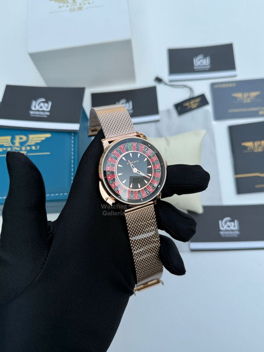 Pindu Design Casino Tourbillon Roulette Button Automatic (Gold Mesh Bracelet) P6628 Watches Galleria