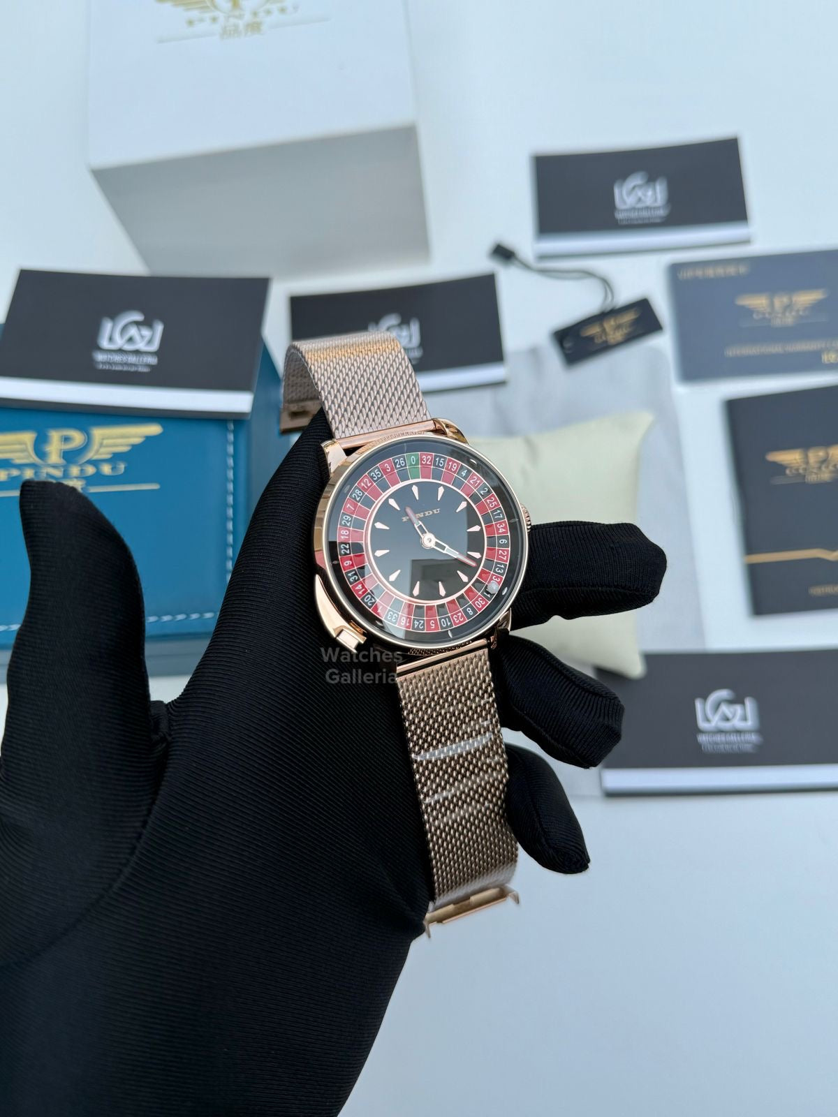 Pindu Design Casino Tourbillon Roulette Button Automatic (Gold Mesh Bracelet) P6628 Watches Galleria