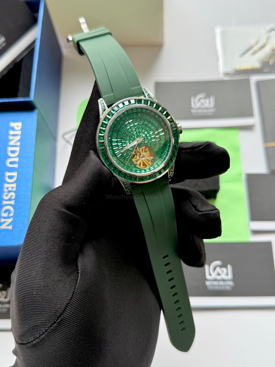 Pindu 5037 Green/Green Silicon LeatherDiamonds Hand Encrusted Diamond Automatic Tourbillon Watch for Men | Luxury Mechanical Watch | 43mm Stainless Steel Case