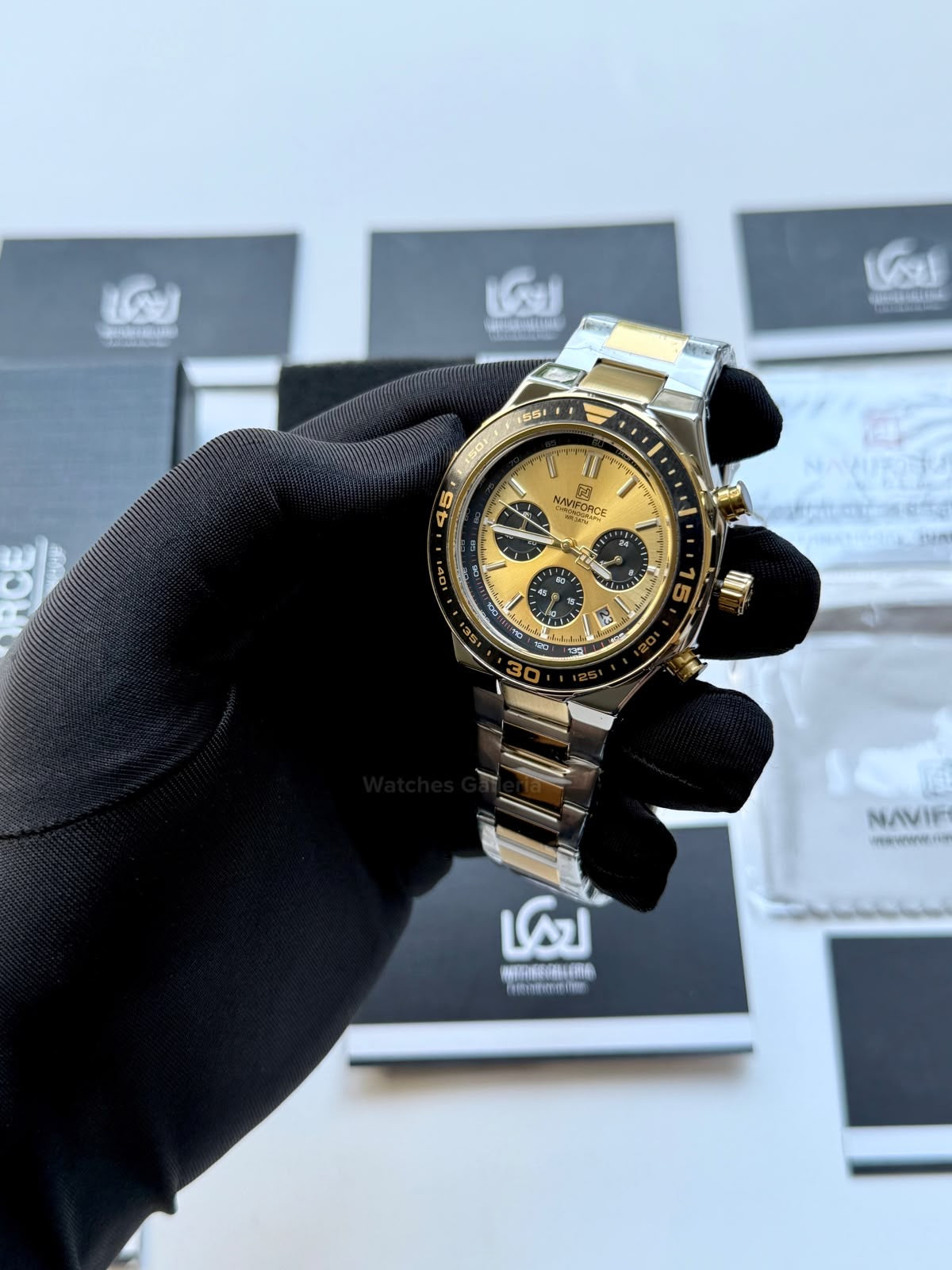 Naviforce NF8049 Watch Pakistan | Naviforce Men Watch | Naviforce Chain Watch | Silver Gold Chronograph Watch
