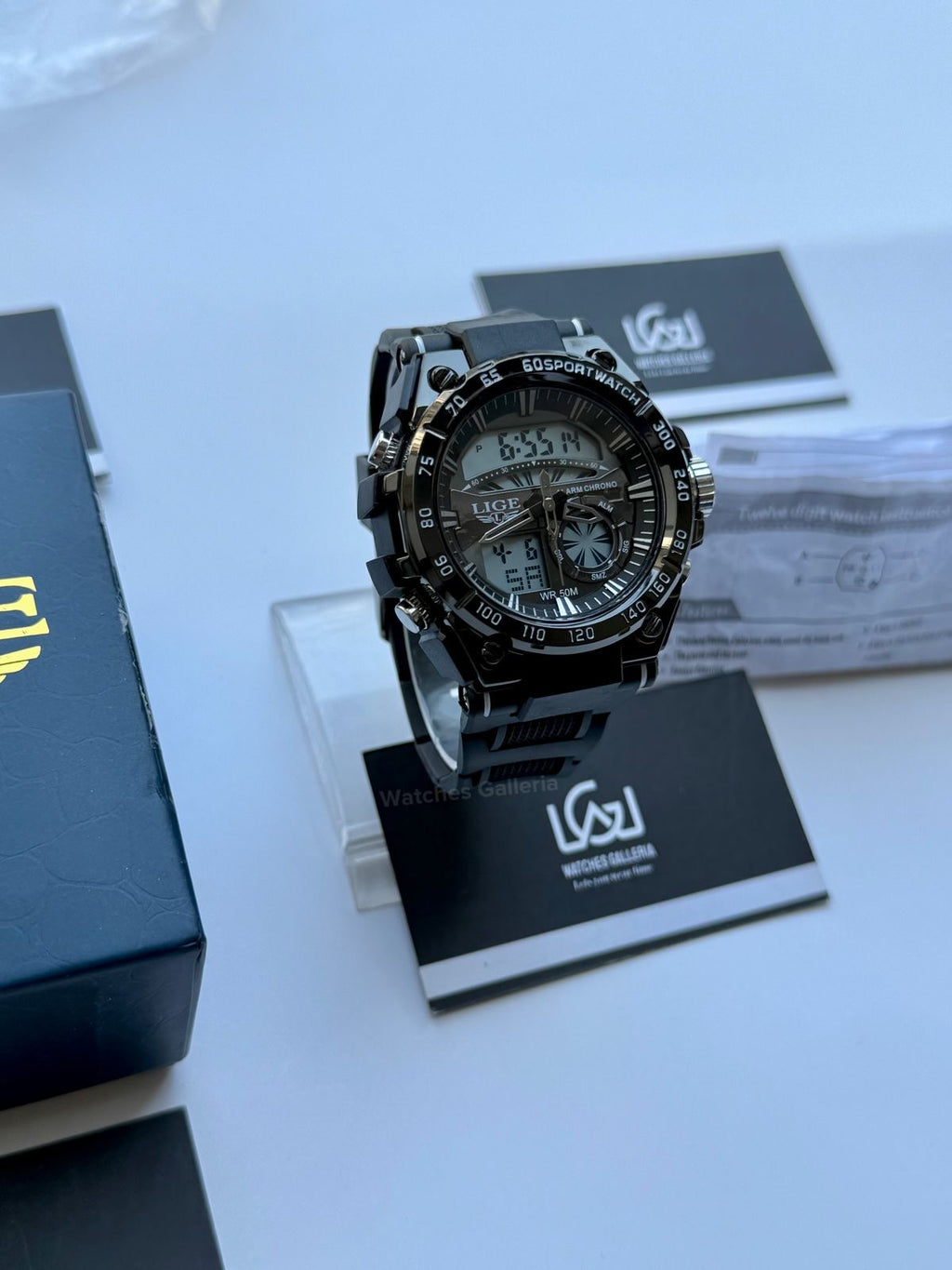 Lige 8922 Sports Watch Black 45mm Dual Display Analog Digital LED Alarm Waterproof 50M Silicone Strap Men’s Watch