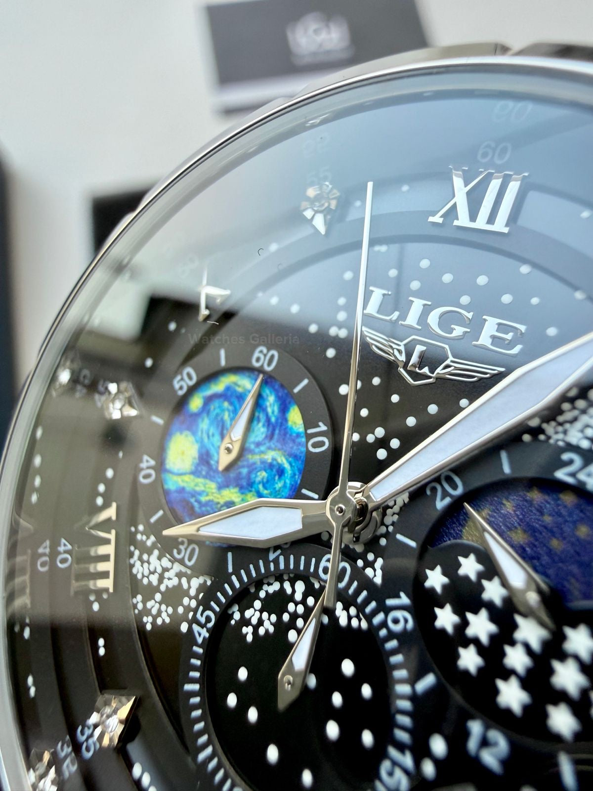 Lige Watch LG89107 Moonphase Chronograph (Black/Silver) Lige Watch in Pakistan