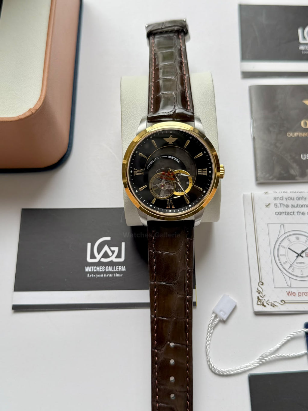 Oupinke G3190 (Brown Leather) Open Heart Automatic Watch with Miyota 8215 Japanese Movement, Sapphire Crystal, Luminous Dial & Black Leather Strap