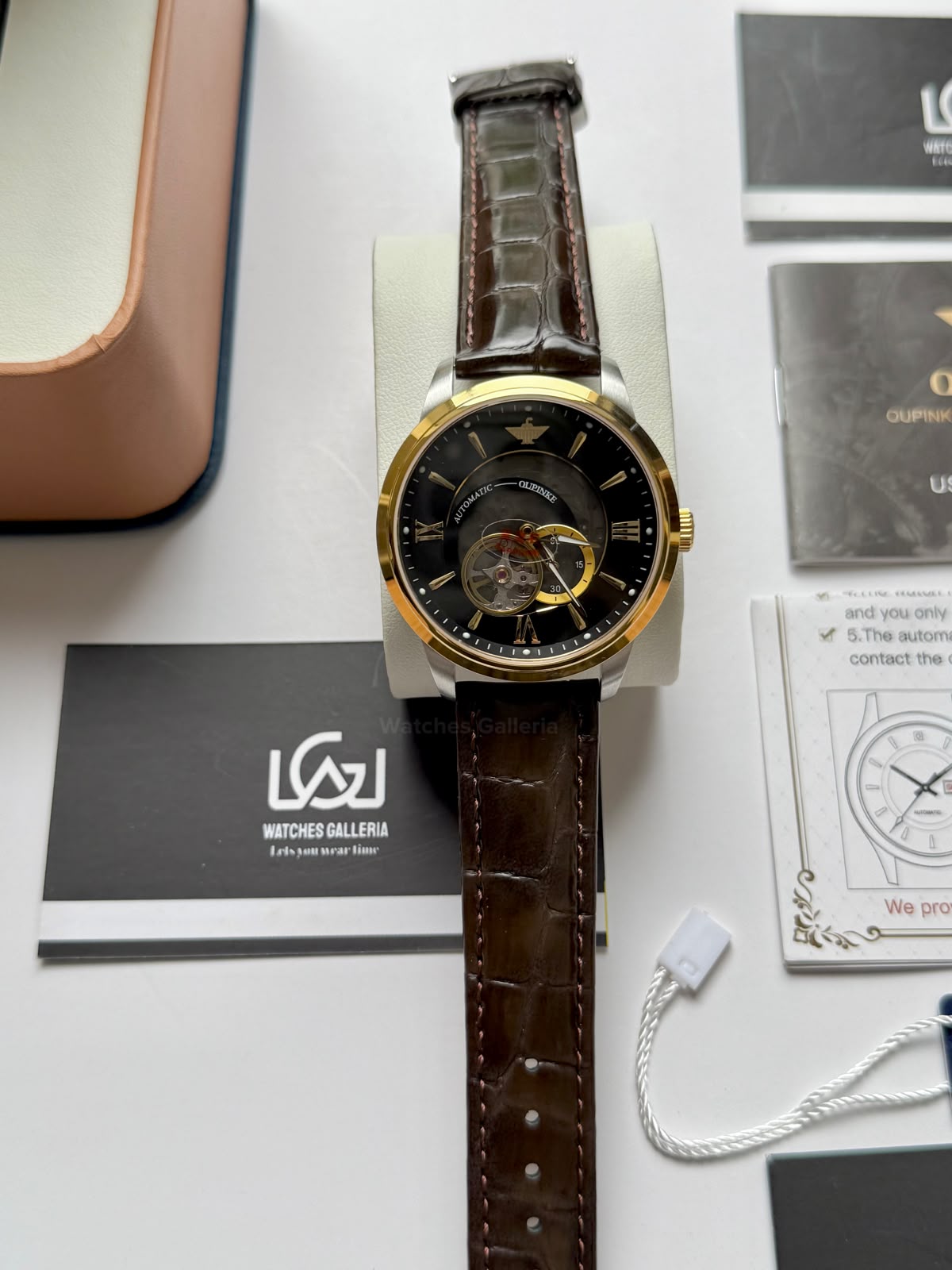 Oupinke G3190 (Brown Leather) Open Heart Automatic Watch with Miyota 8215 Japanese Movement, Sapphire Crystal, Luminous Dial & Black Leather Strap