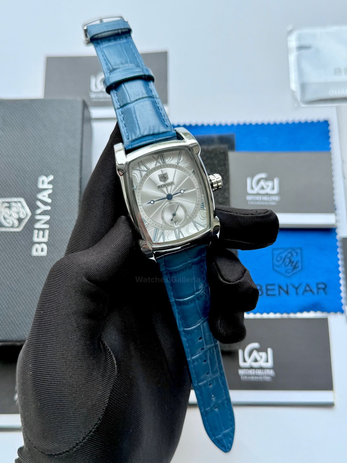 Benyar BY5114 Square Tank Watch | Blue Silver White | Roman Numeral Dial Master Lock Quartz Date Calendar Leather Strap
