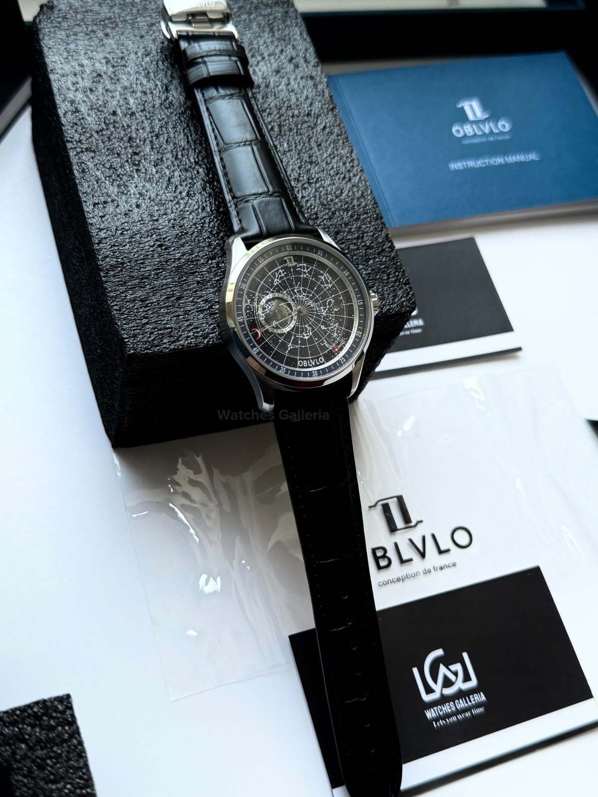 OBLVLO GC (Black Blue Silver) Grand Complications Celestial Automatic Watch Brown & Black Dial with Rose Gold Details, Moving Constellation & Earth Display – OBLVLOGC | Oblvlo
