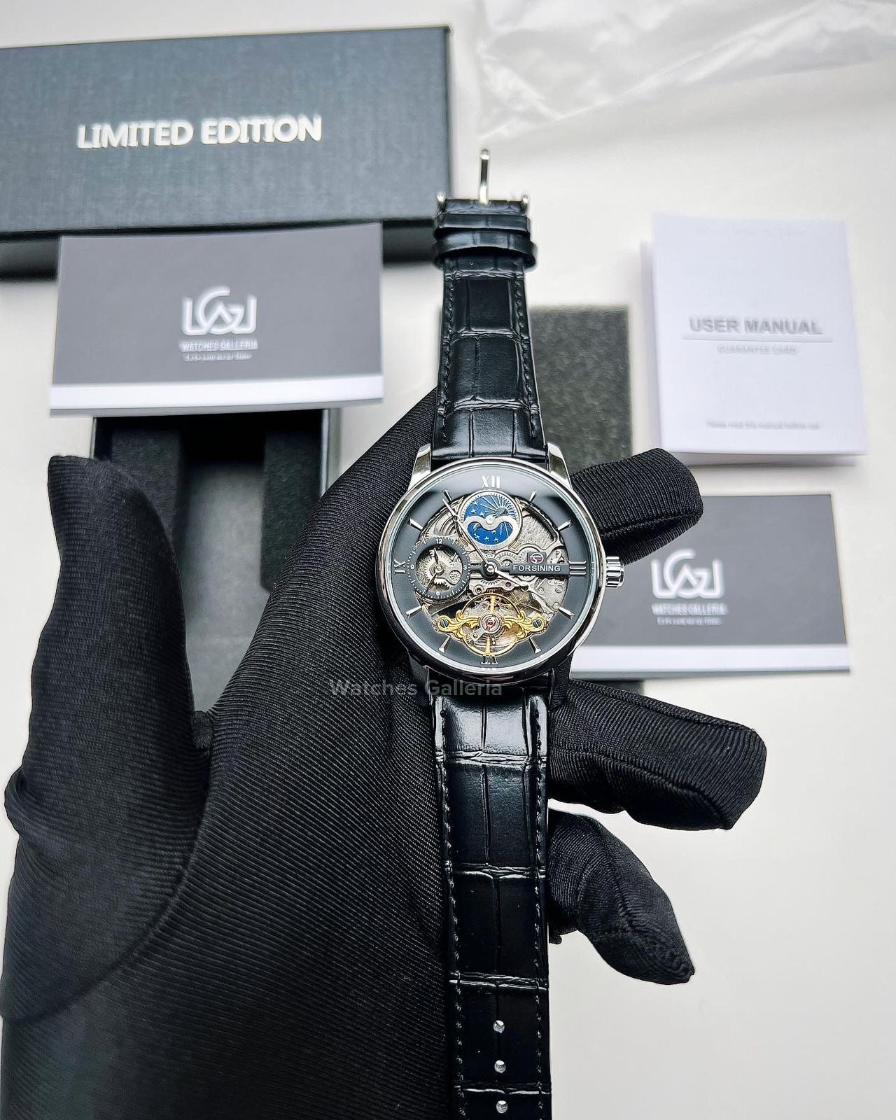 Forsining Moonphase Skeleton Automatic Watch (Silver/Black) FS112