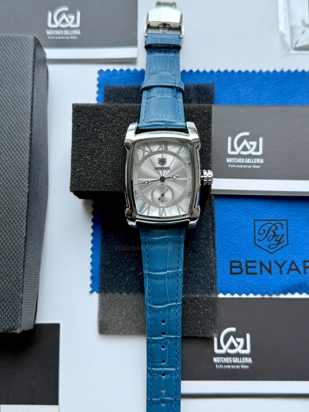 Benyar BY5114 Square Tank Watch | Blue Silver White | Roman Numeral Dial Master Lock Quartz Date Calendar Leather Strap
