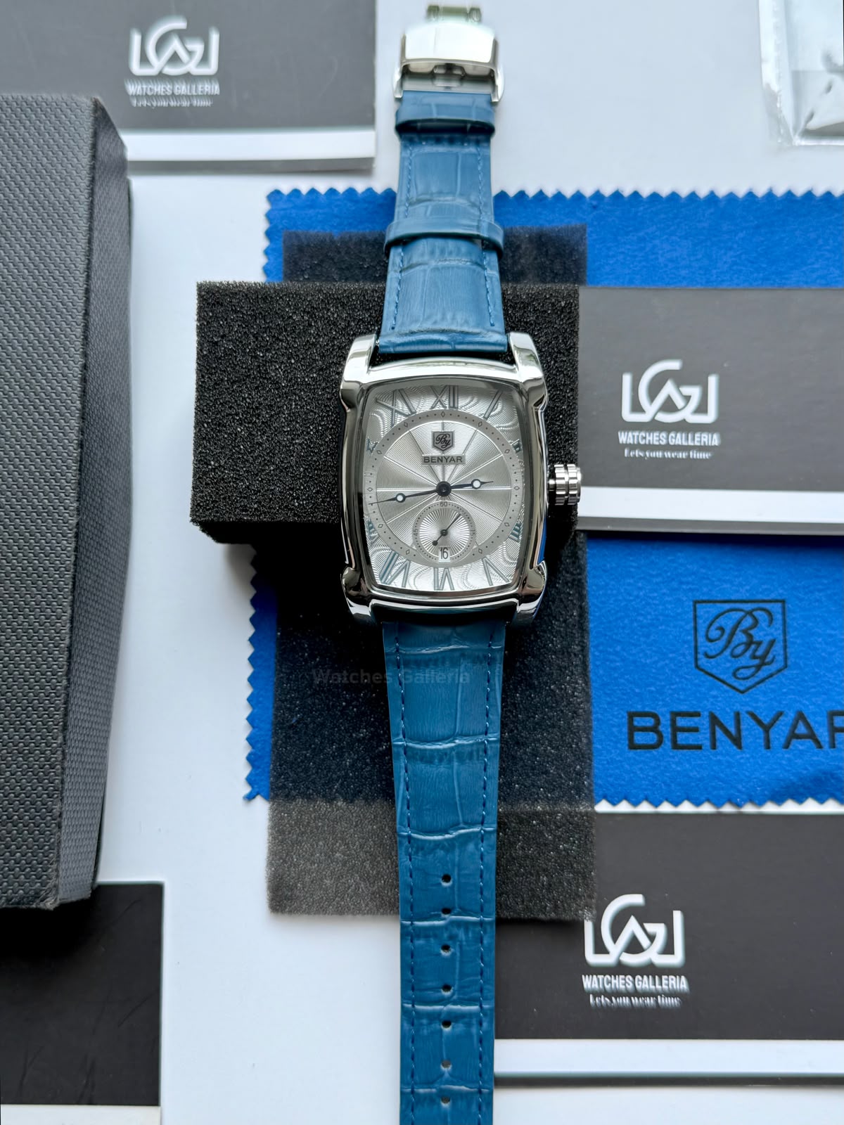Benyar BY5114 Square Tank Watch | Blue Silver White | Roman Numeral Dial Master Lock Quartz Date Calendar Leather Strap