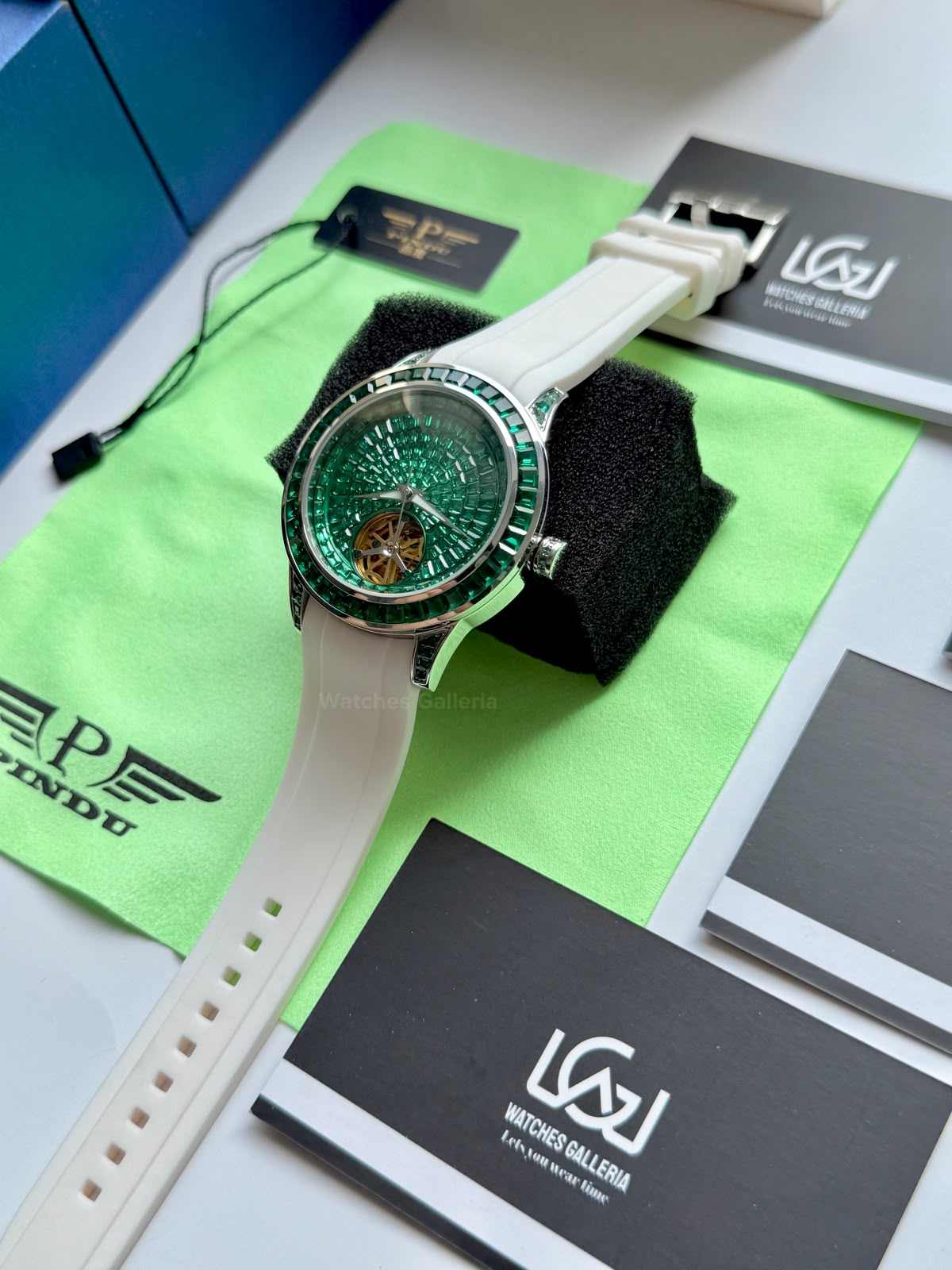 Pindu 5037 White/Green Diamonds Hand Encrusted Diamond Automatic Tourbillon Watch for Men | Luxury Mechanical Watch | 43mm Stainless Steel Case