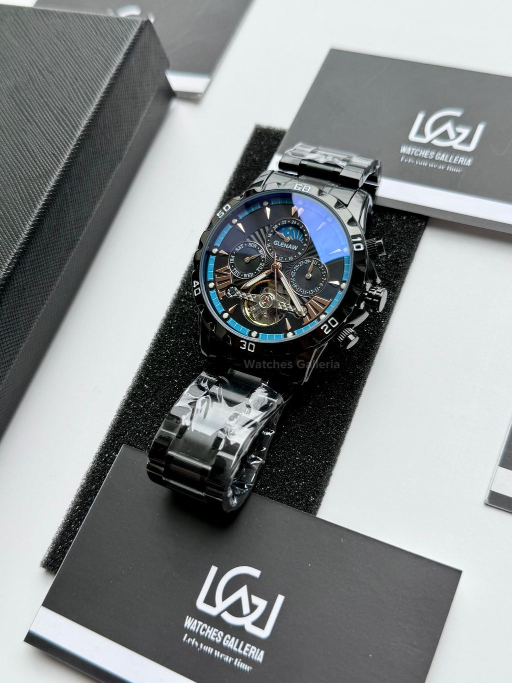 Glenaw GL8919B Moonphase Flywheel Automatic Watch – Black Blue Dial | Luxury Automatic Wristwatch for Men | Glenaw Watches in Pakistan