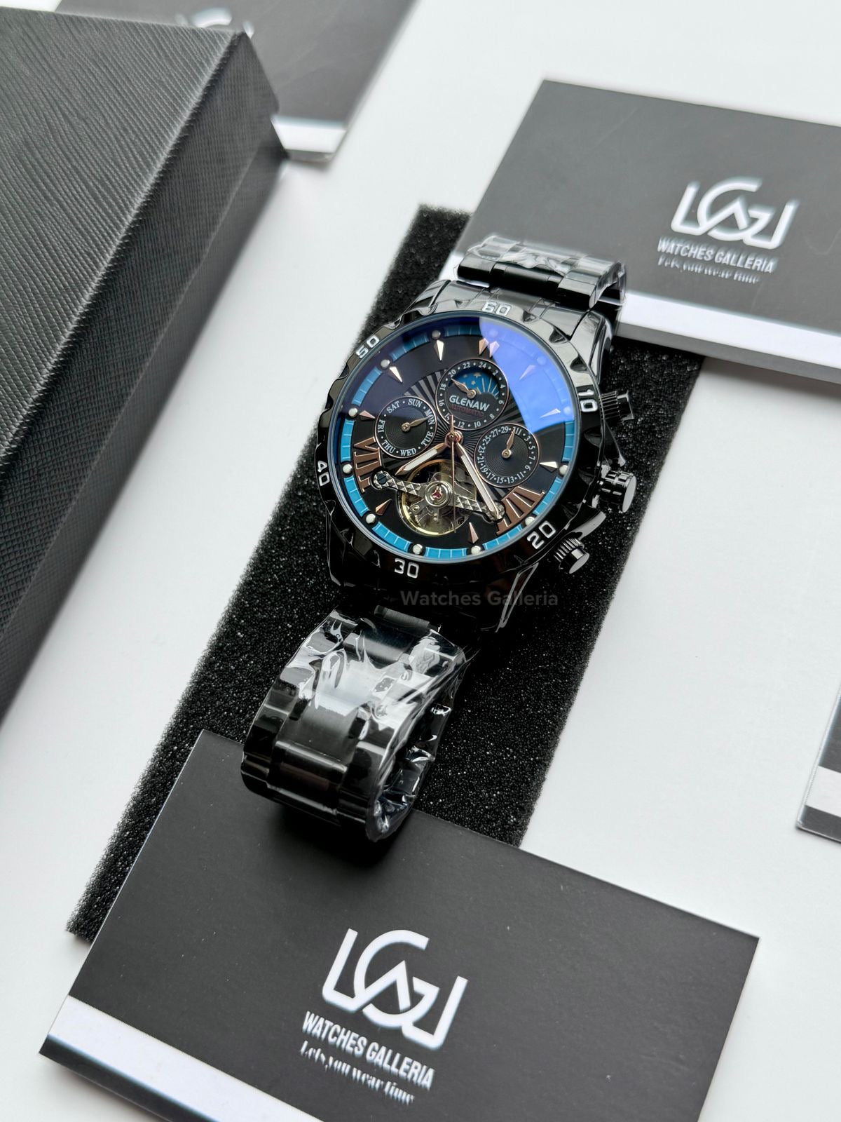 Glenaw GL8919B Moonphase Flywheel Automatic Watch – Black Blue Dial | Luxury Automatic Wristwatch for Men | Glenaw Watches in Pakistan