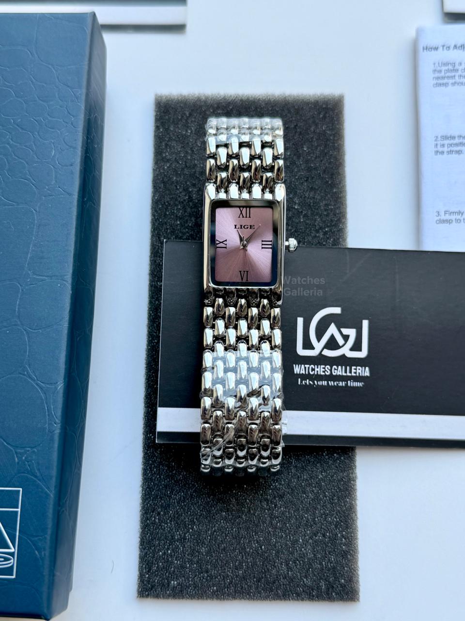 Lige 89156 Tank Women Watch Quartz (Silver/Pink) Lige Women Watch