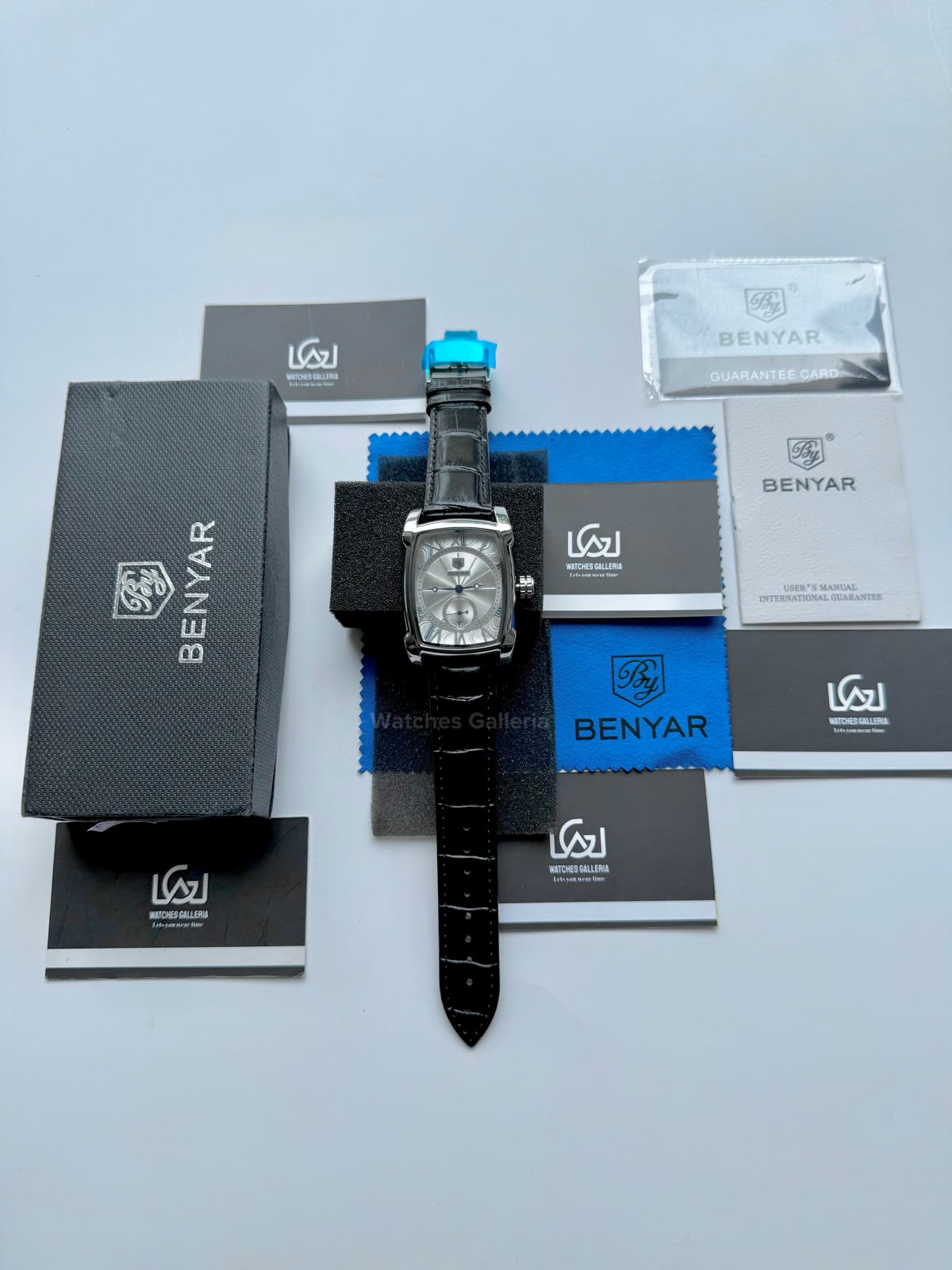 Benyar BY5114 Square Tank Watch Silver Black Roman Numeral Dial Master Lock Quartz Date Calendar Leather Strap
