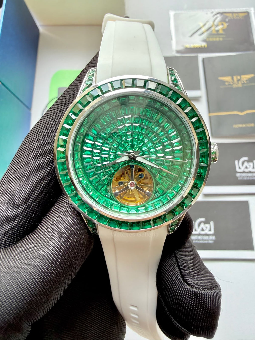 Pindu 5037 White/Green Diamonds Hand Encrusted Diamond Automatic Tourbillon Watch for Men | Luxury Mechanical Watch | 43mm Stainless Steel Case