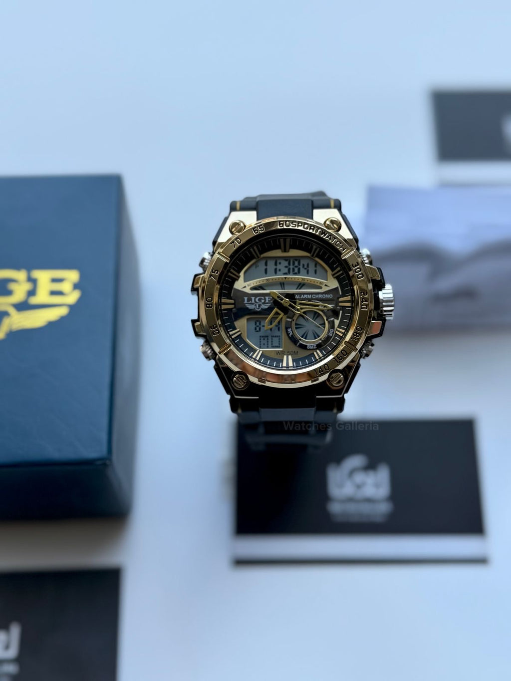 Lige 8922 Sports Watch Gold Black 45mm Dual Display Analog Digital LED Alarm Waterproof 50M Silicone Strap Men’s Watch