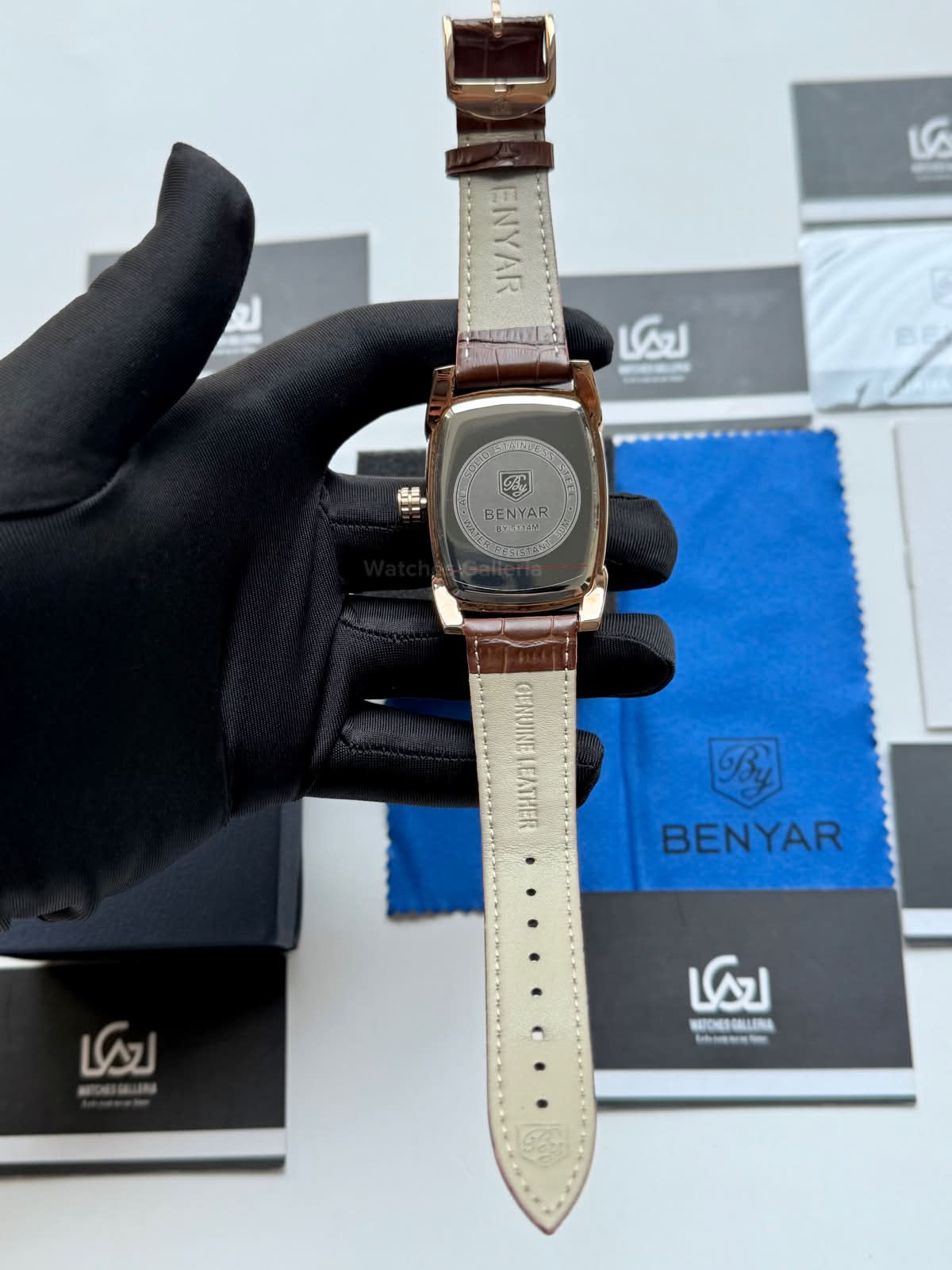 Benyar BY5114 Square Tank Watch in Pakistan – Brown Rose Gold White Elegant Quartz Leather Strap Men’s Dress Watch