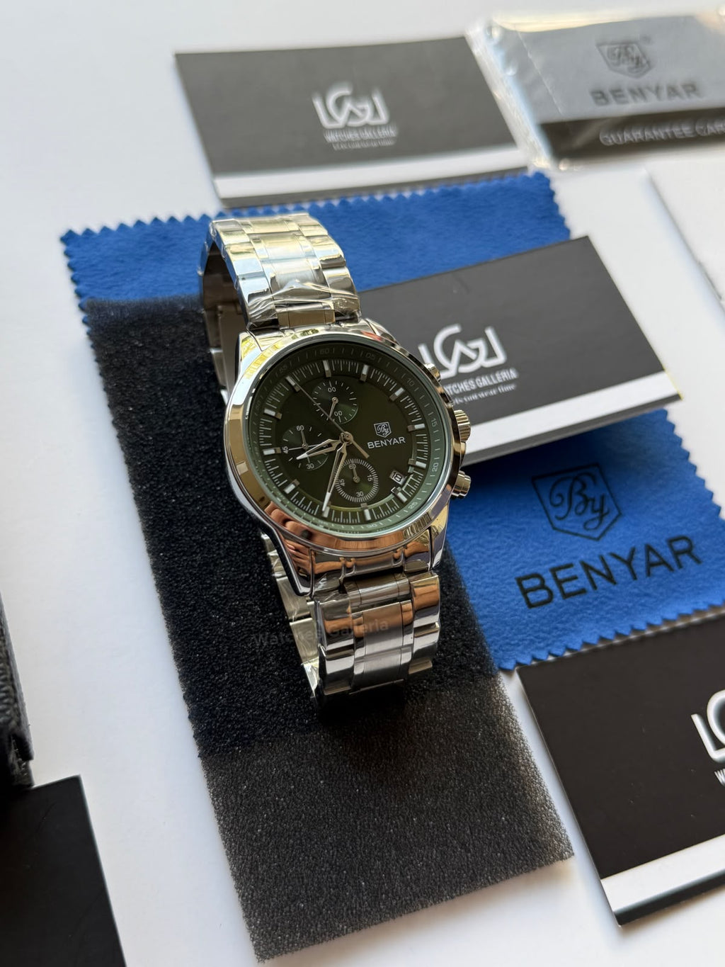 Benyar BY5210 (Green SS) Pilot Chronograph Green Dial Stainless Steel Watch – 42mm Quartz Chronograph with Date, Complete Calendar & Stopwatch