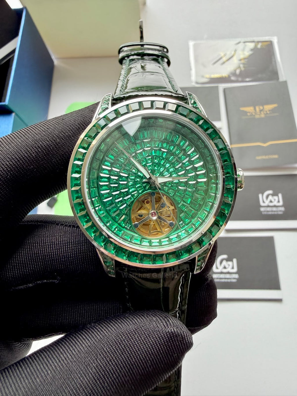 Pindu 5037 Green Diamonds Hand Encrusted Diamond Automatic Tourbillon Watch for Men | Luxury Mechanical Watch | 43mm Stainless Steel Case