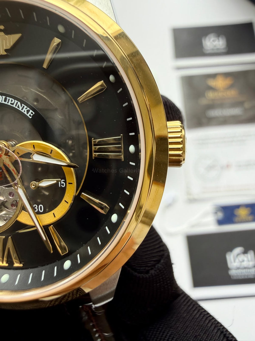 Oupinke G3190 (Brown Leather) Open Heart Automatic Watch with Miyota 8215 Japanese Movement, Sapphire Crystal, Luminous Dial & Black Leather Strap