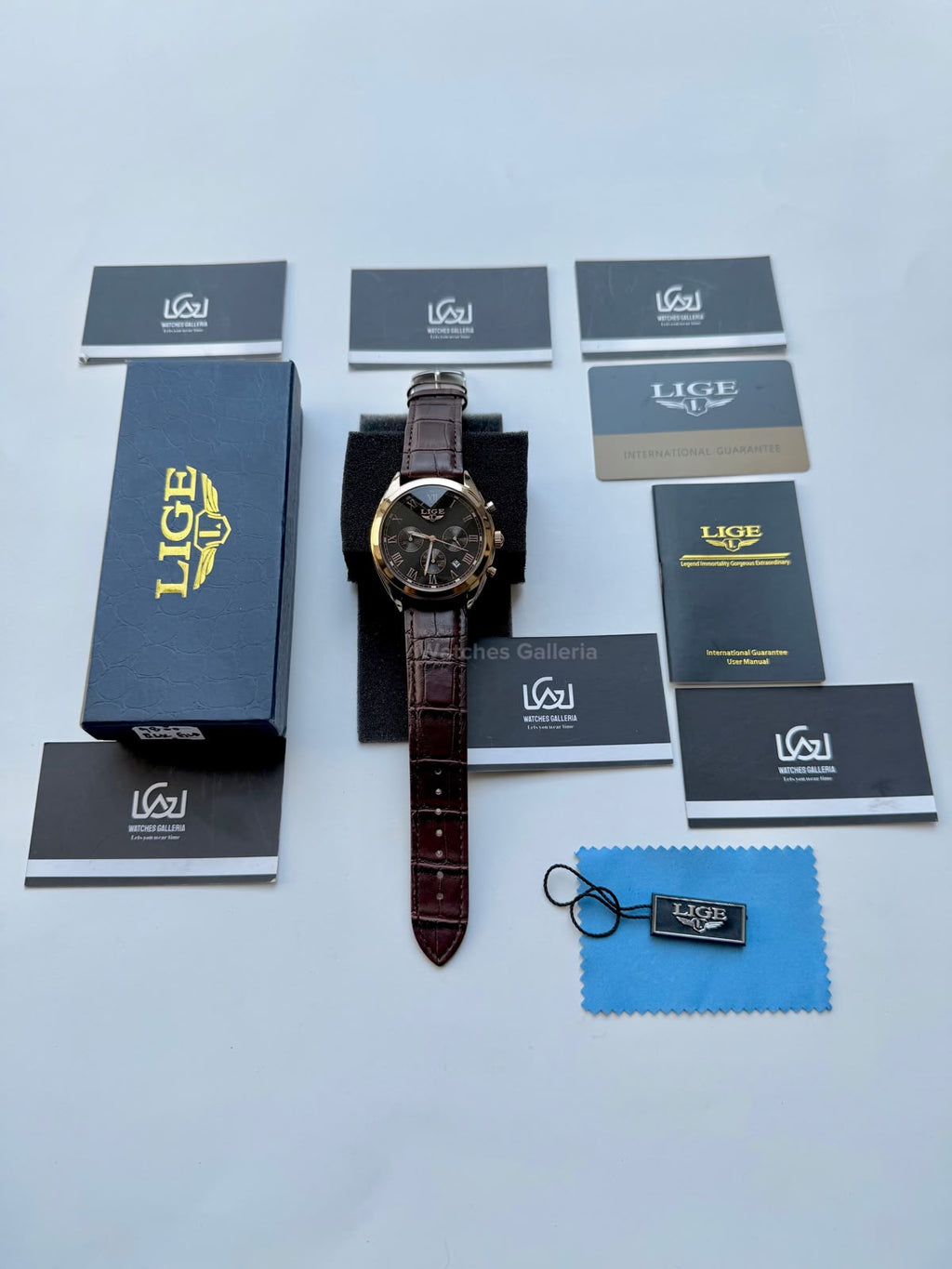 Lige 9852 Chronograph Watch for Men Brown Rose Gold Leather Strap Original Lige Watch in Pakistan