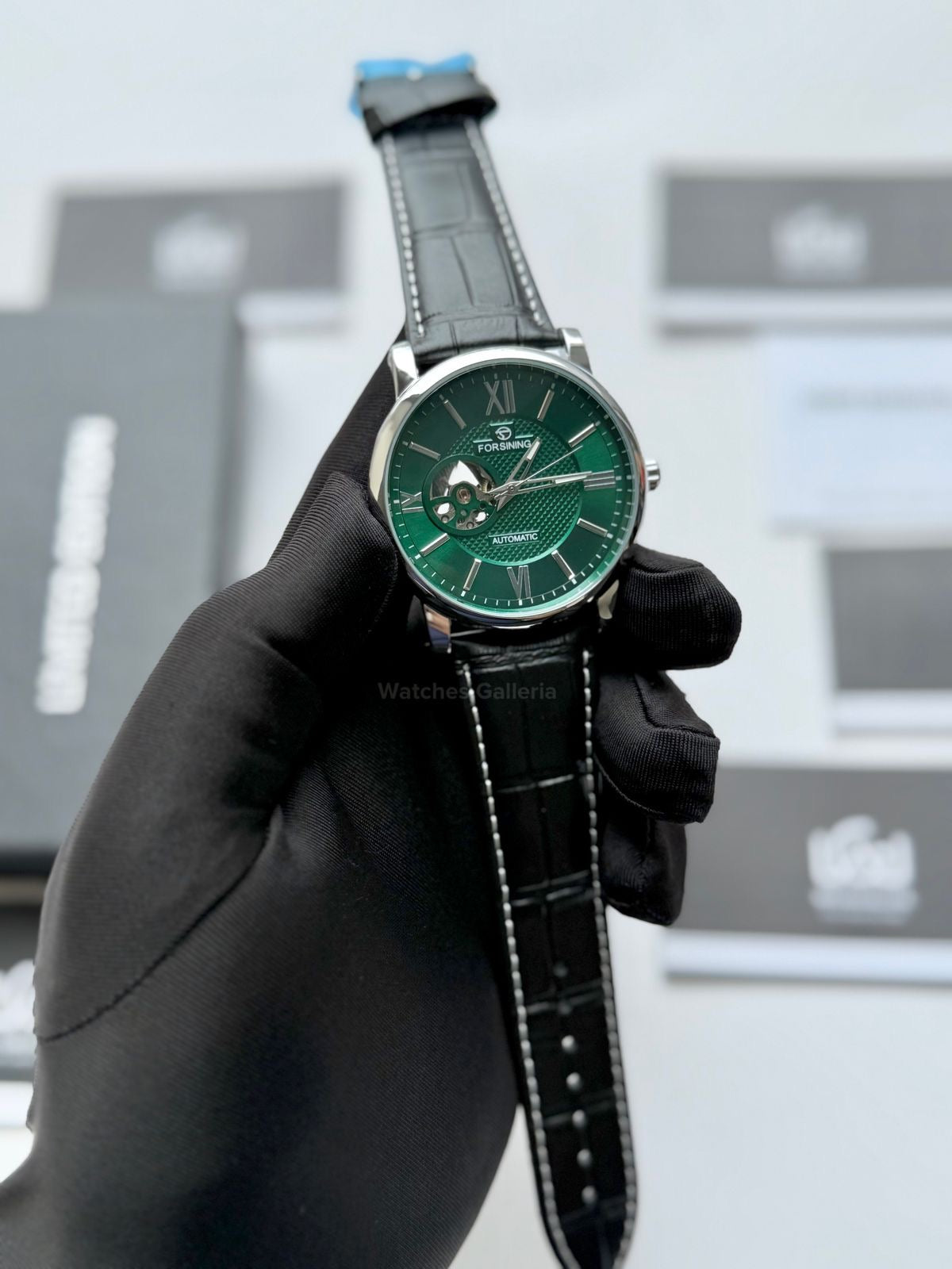Forsining FS112 Classic Skeleton Automatic Watch – Green Dial | Leather Strap Mechanical Wristwatch for Men