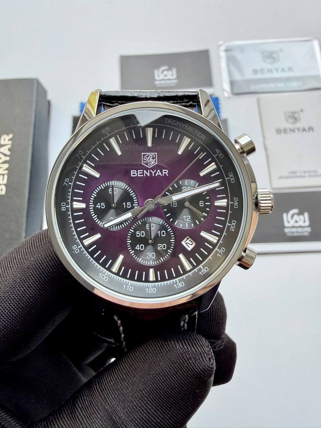 Benyar BY5213 Black Purple Men’s Luxury Quartz Leather Strap Watch – Waterproof Stainless Steel Analog Wrist Watch with Luminous Hands | Original Benyar Pakistan | Watches Galleria
