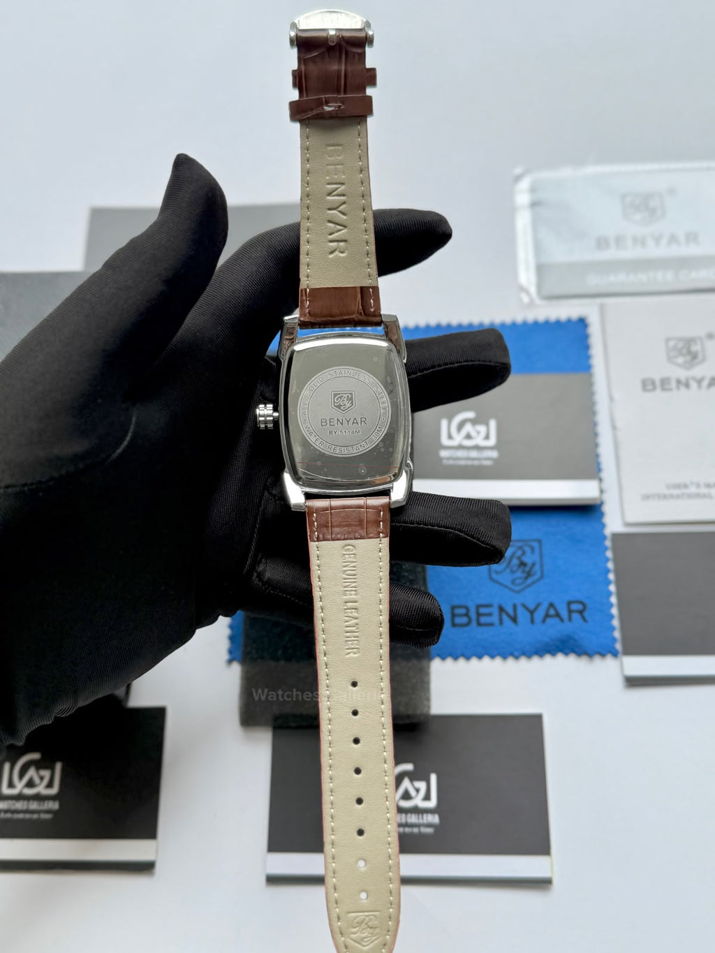 Benyar BY5114 Square Tank Watch in Pakistan – Brown Silver White Elegant Quartz Leather Strap Men’s Dress Watch