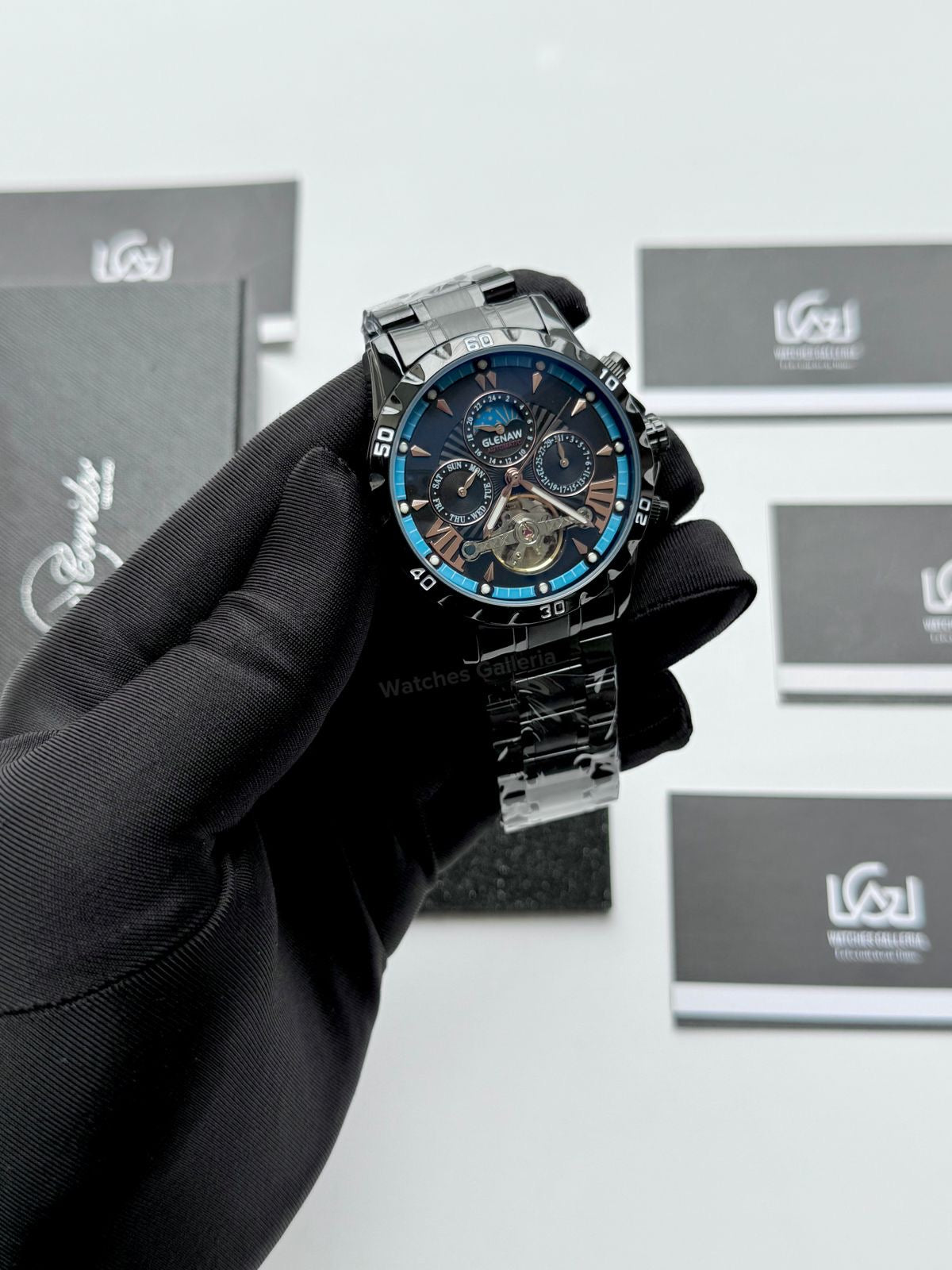 Glenaw GL8919B Moonphase Flywheel Automatic Watch – Black Blue Dial | Luxury Automatic Wristwatch for Men | Glenaw Watches in Pakistan