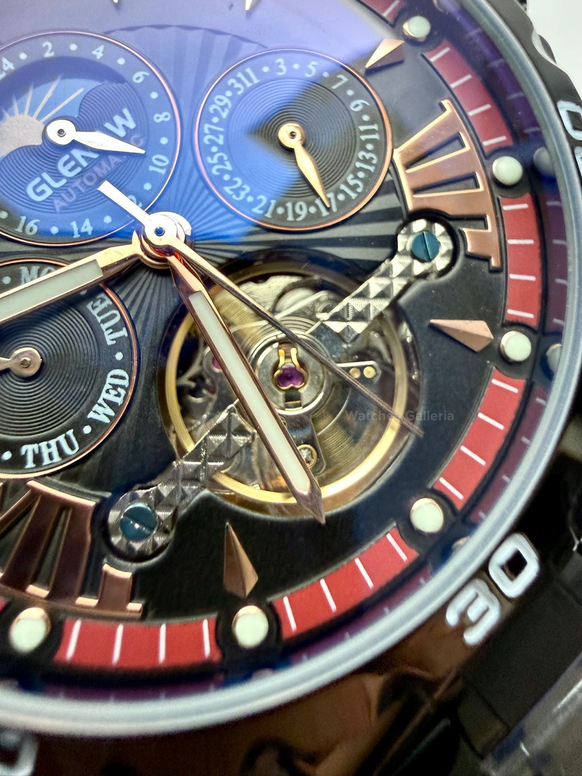 Glenaw GL8919B Moonphase Flywheel Automatic Watch – Black Blue Dial | Luxury Automatic Wristwatch for Men | Glenaw Watches Pakistan